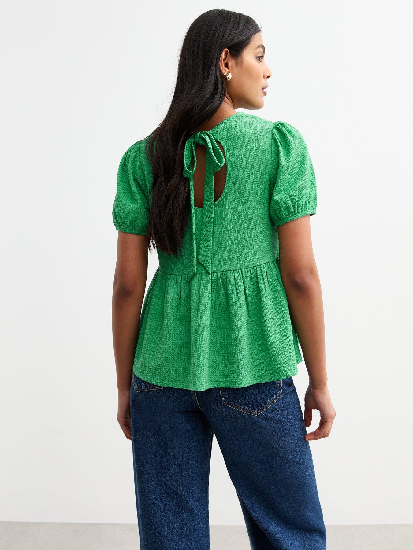  image of new-look-green-crinkled-jersey-tie-back-peplum-top