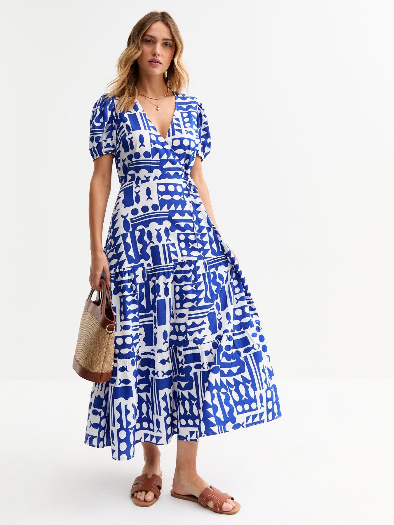  image of new-look-blue-fish-print-wrap-midi-dress