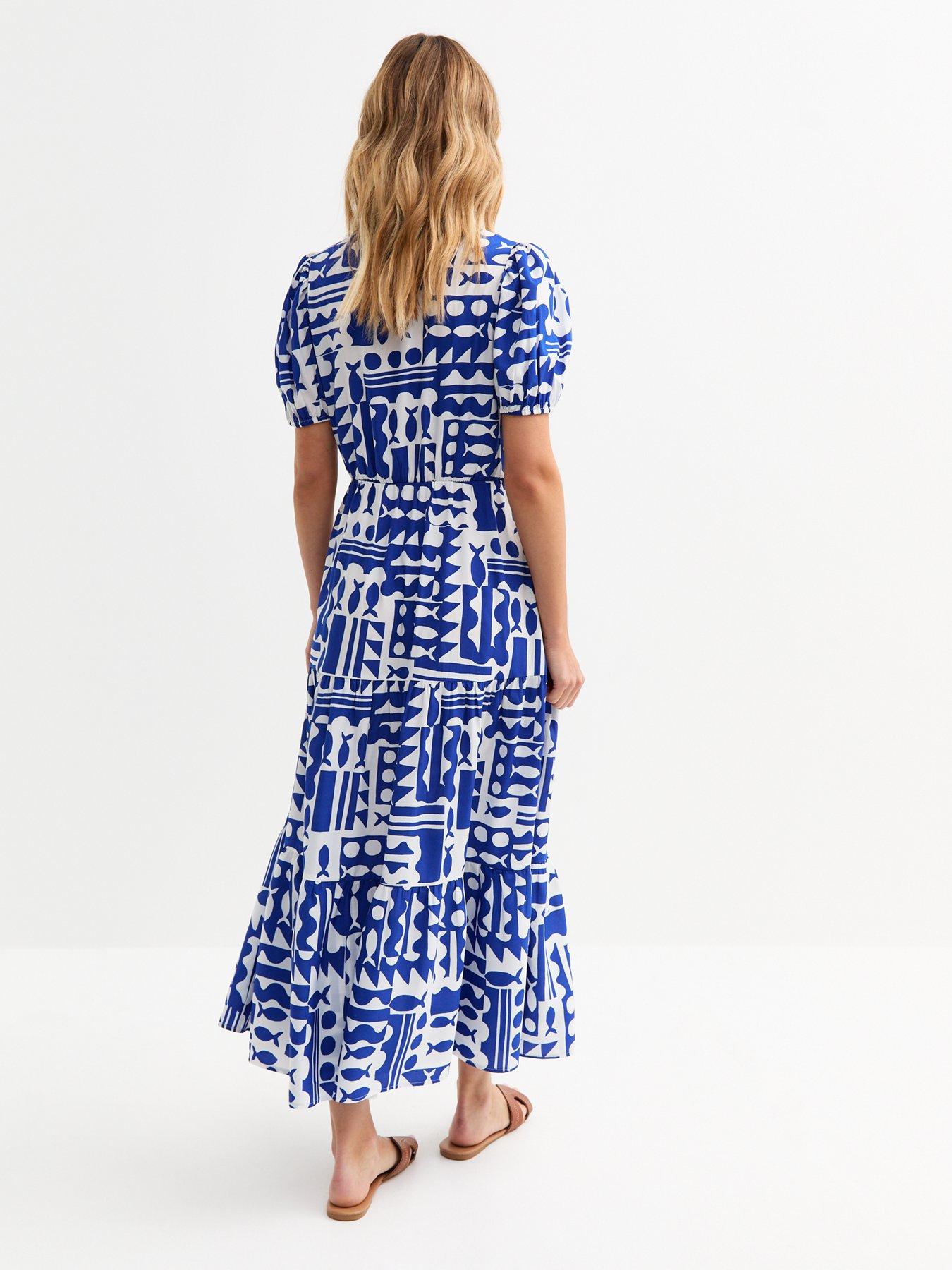  image of new-look-blue-fish-print-wrap-midi-dress