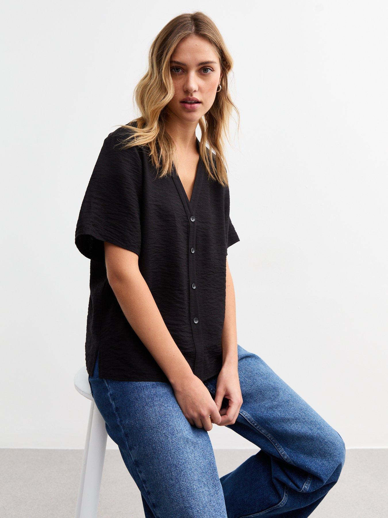 front image of new-look-black-v-neck-button-up-top