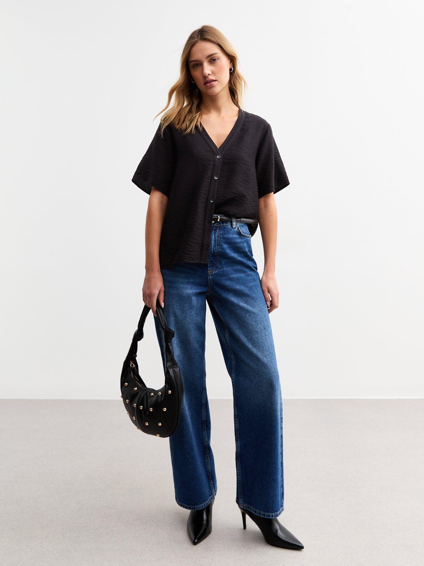  image of new-look-black-v-neck-button-up-top