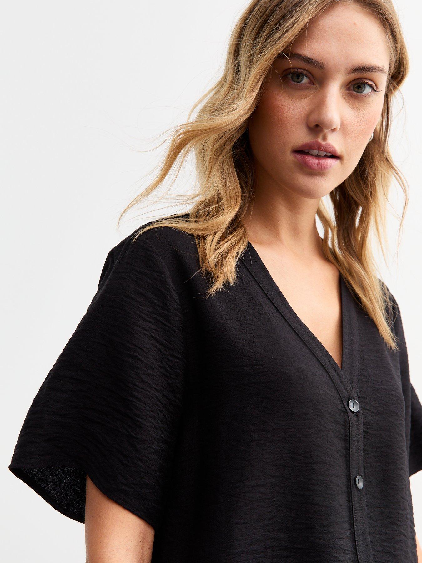  image of new-look-black-v-neck-button-up-top