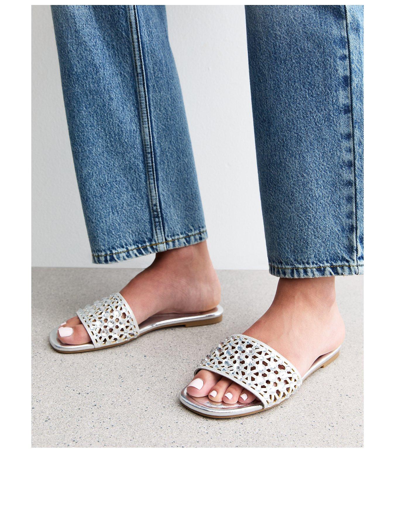 image of new-look-wide-fit-silver-faux-leather-diamante-embellished-sandals