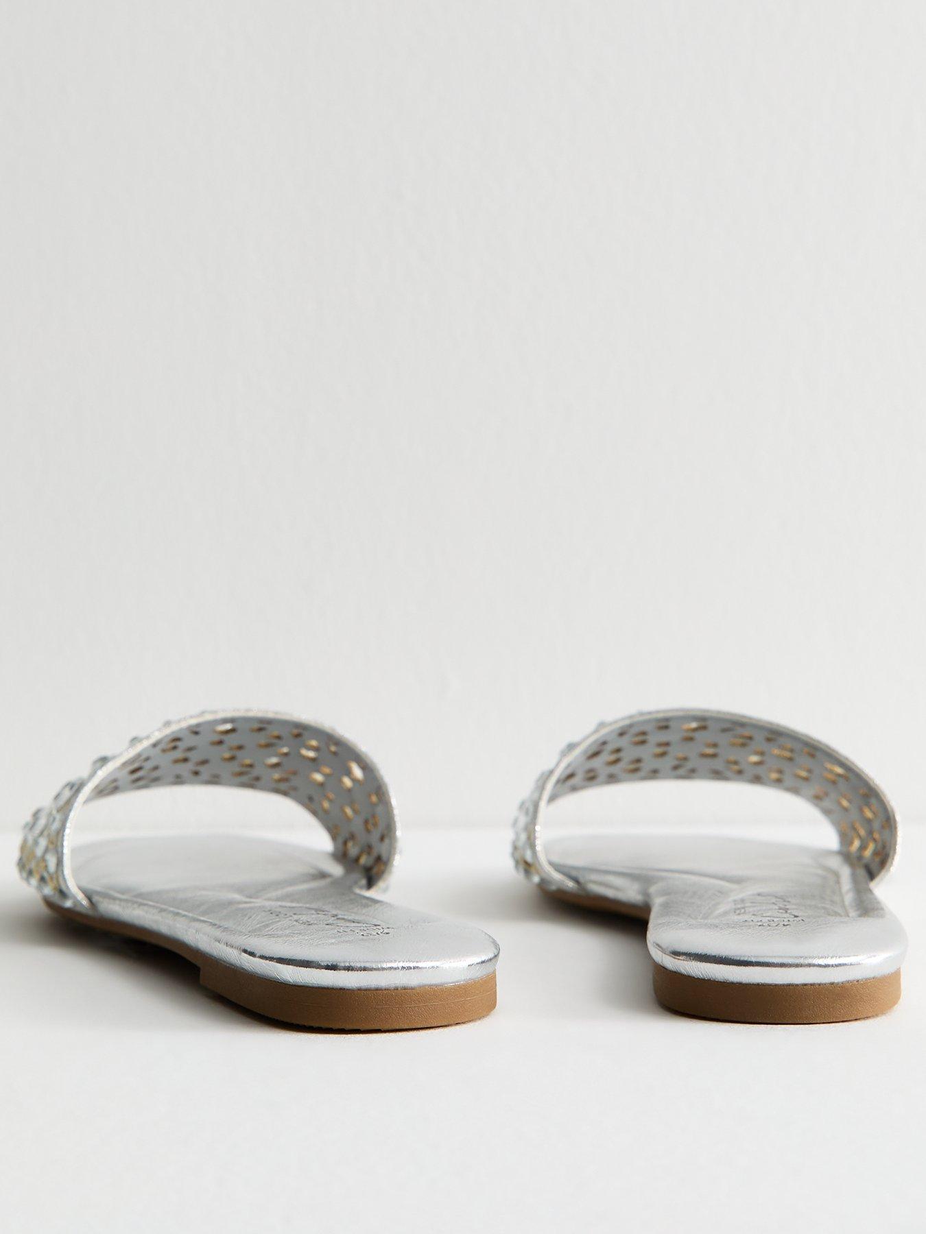 image of new-look-wide-fit-silver-faux-leather-diamante-embellished-sandals