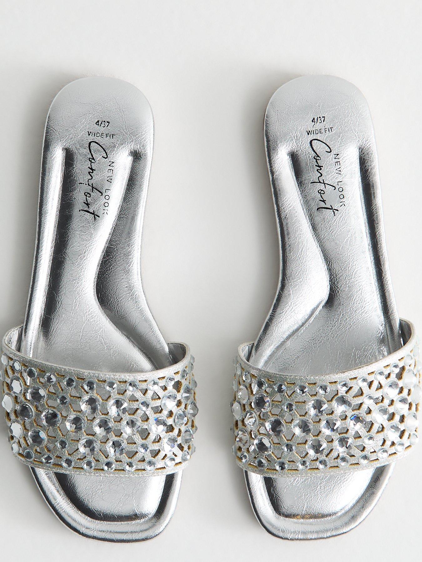  image of new-look-wide-fit-silver-faux-leather-diamante-embellished-sandals
