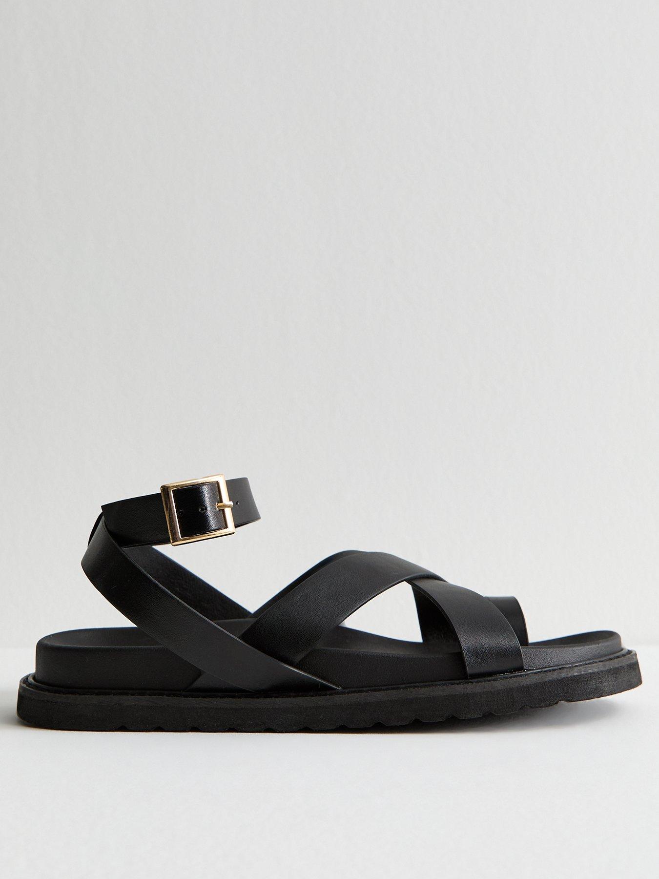 undefined Black Faux Leather Crossover Strap Sandals