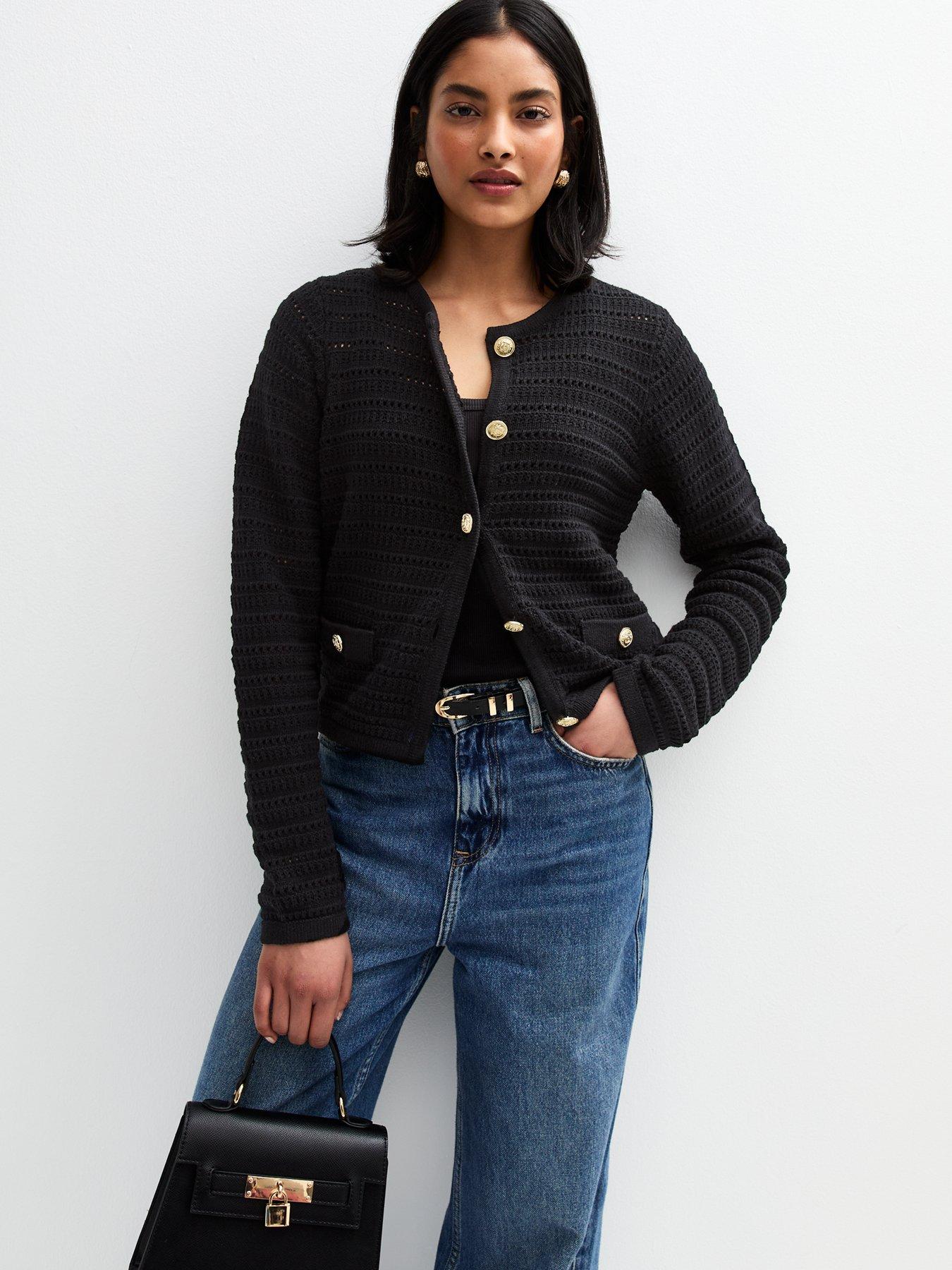new-look-open-knit-button-detail-cardigan-black