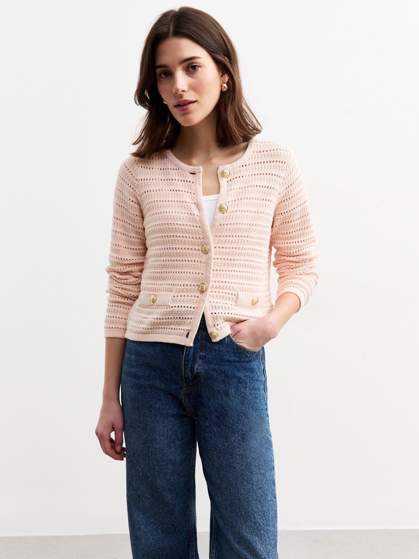  image of new-look-open-knit-button-detail-cardigan-pink
