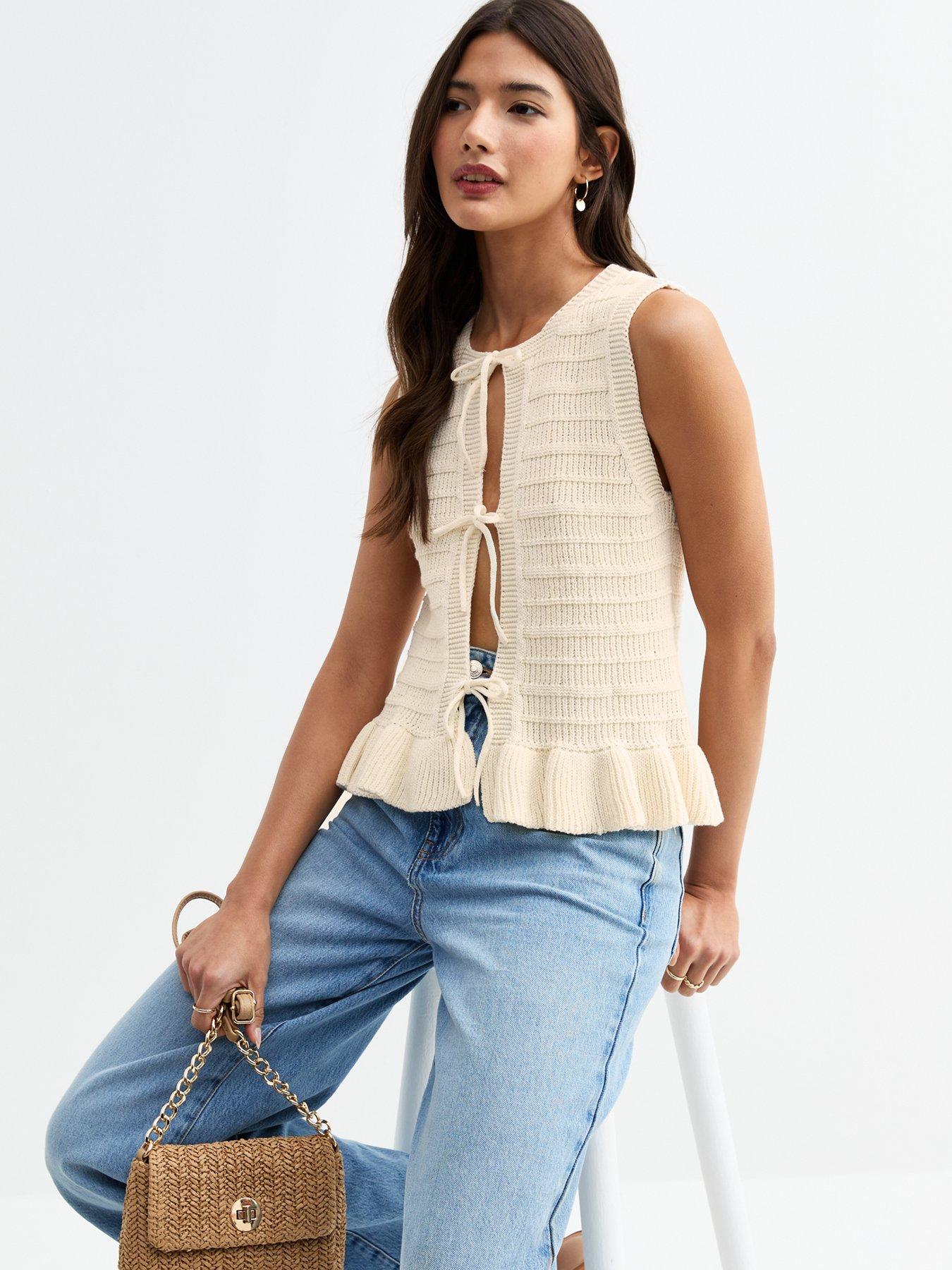  image of new-look-cream-tie-front-sleeveless-cardigan