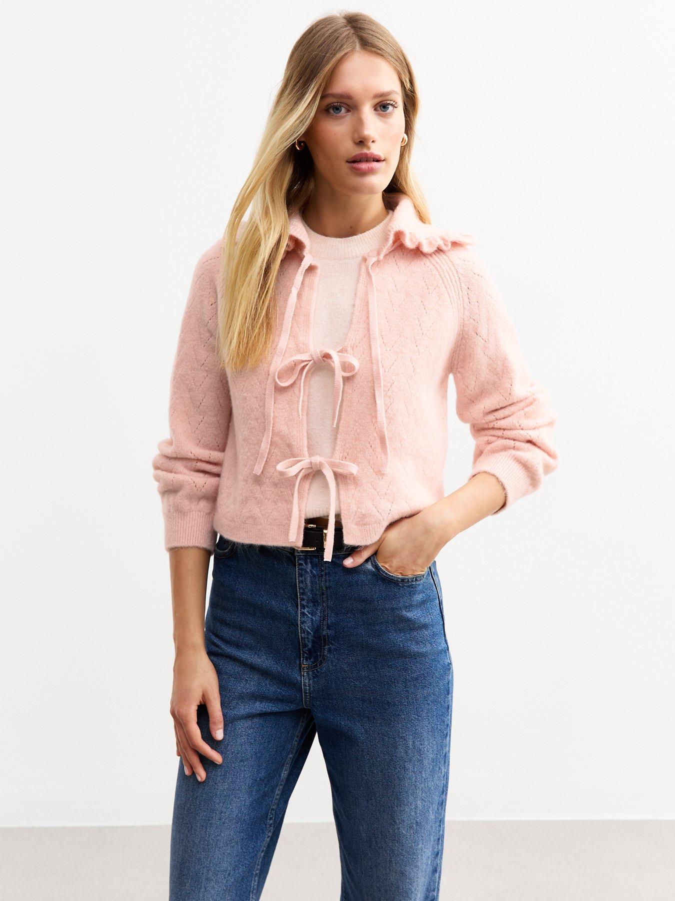  image of new-look-pink-pointelle-knit-frill-collar-tie-front-cardigan