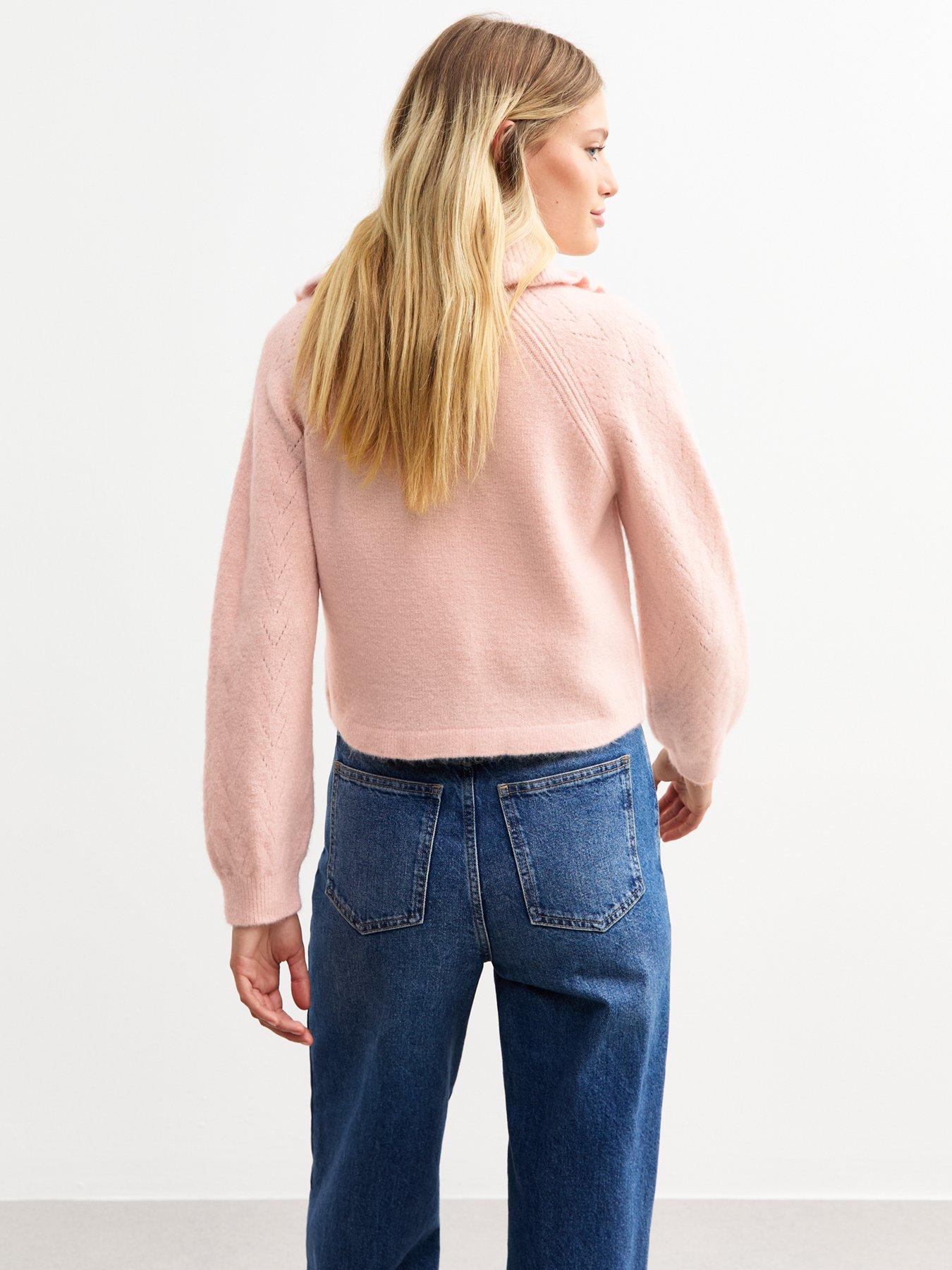  image of new-look-pink-pointelle-knit-frill-collar-tie-front-cardigan