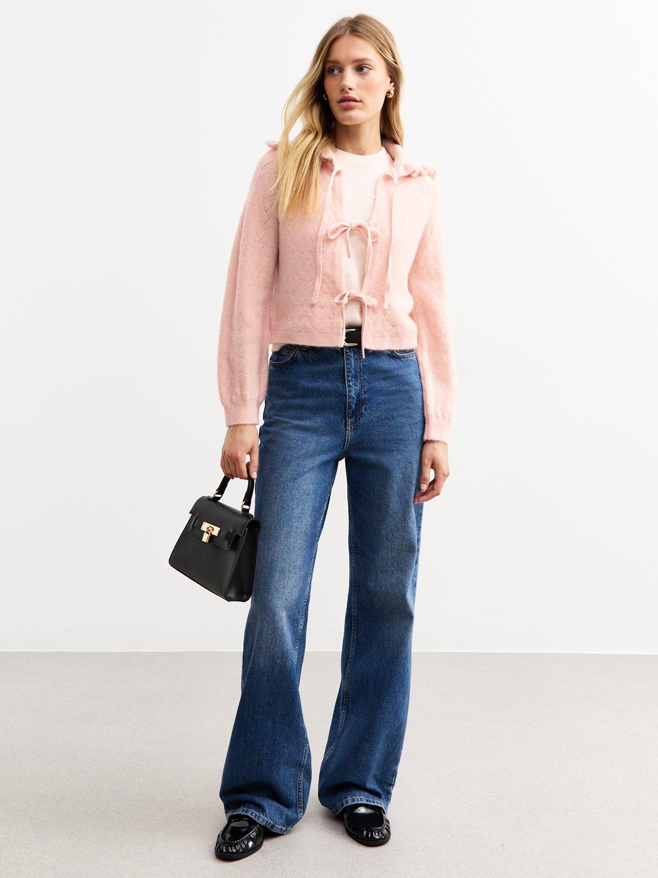  image of new-look-pink-pointelle-knit-frill-collar-tie-front-cardigan