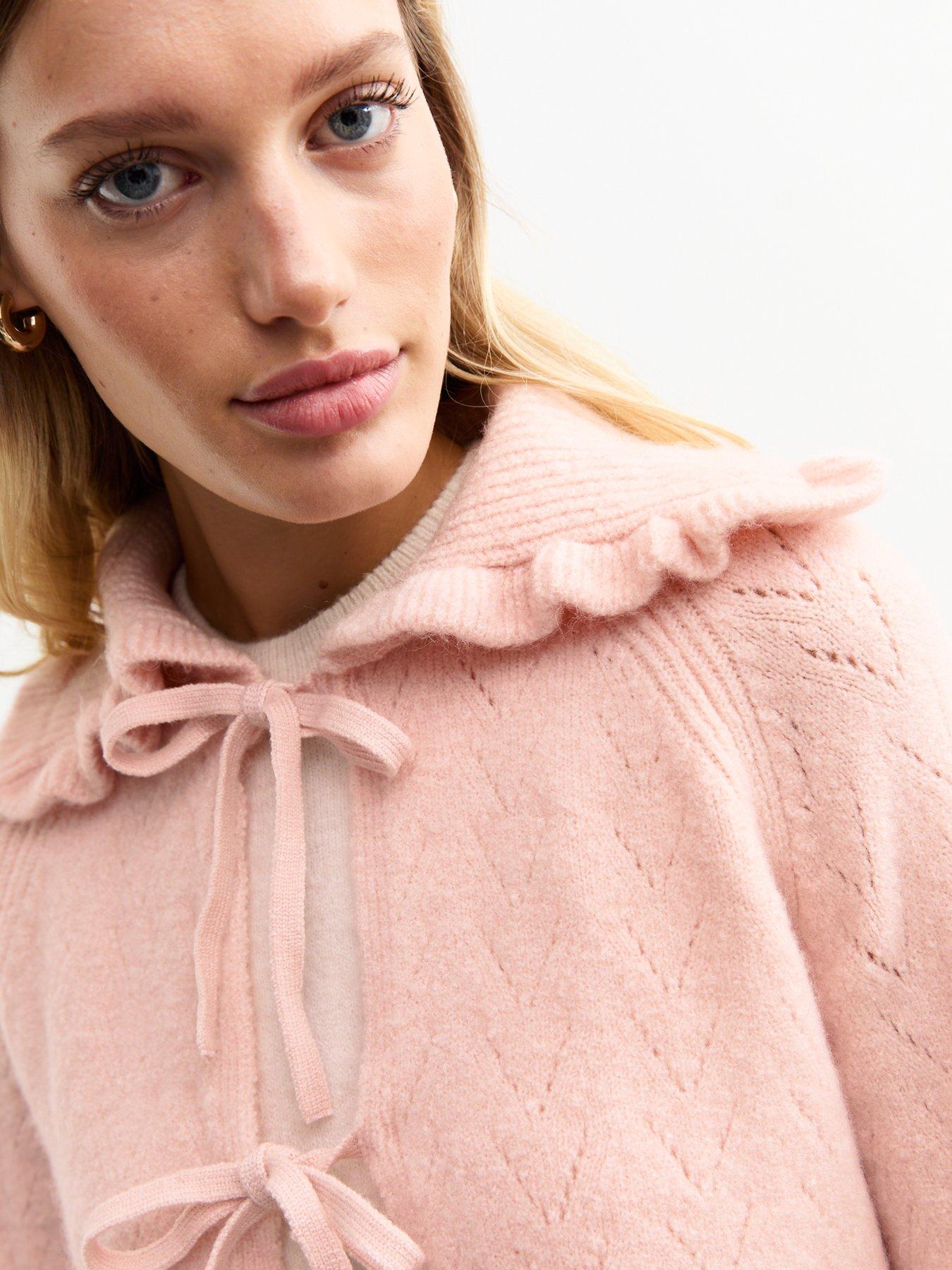  image of new-look-pink-pointelle-knit-frill-collar-tie-front-cardigan