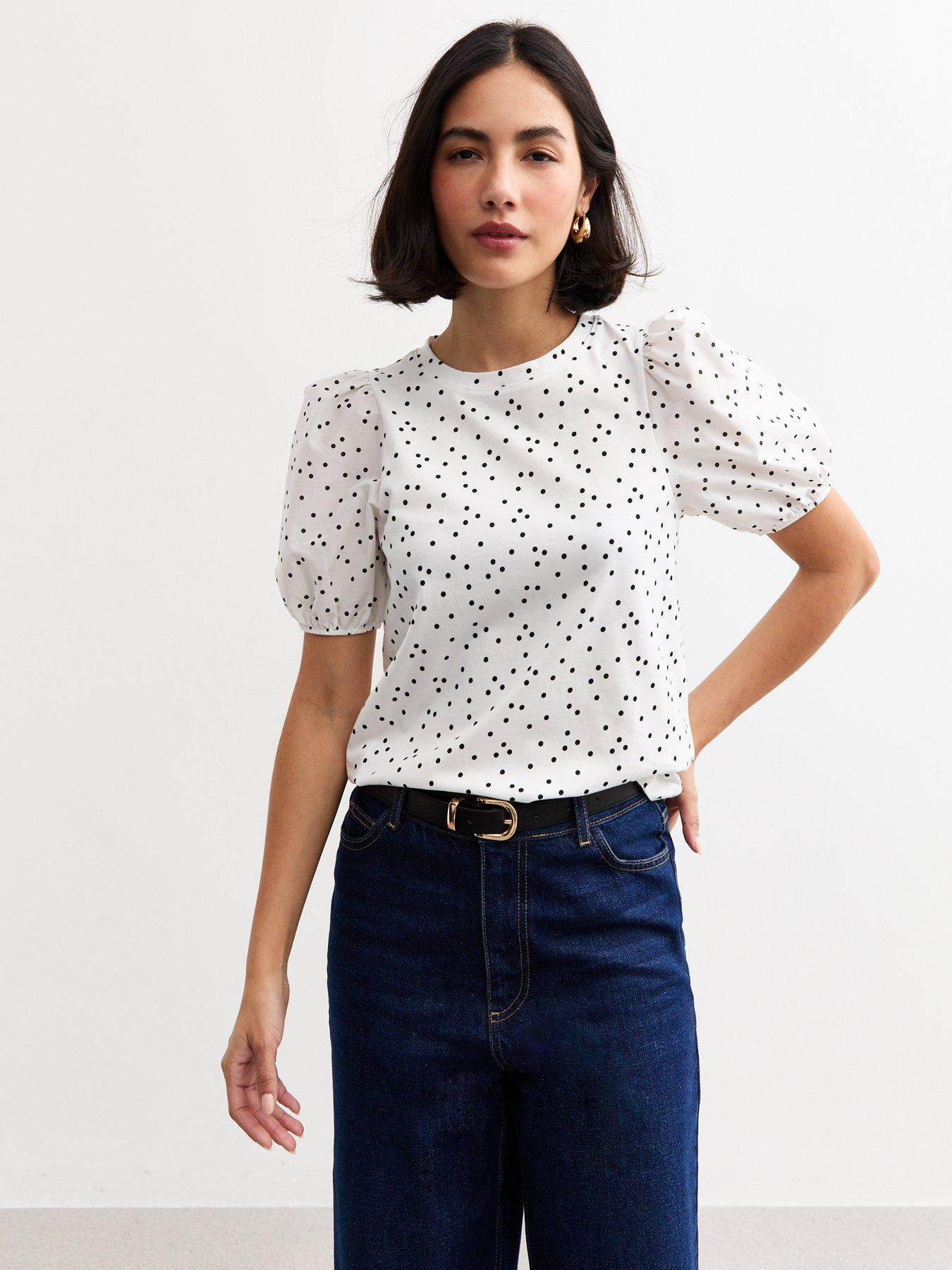 new-look-white-spot-print-puff-sleeve-top