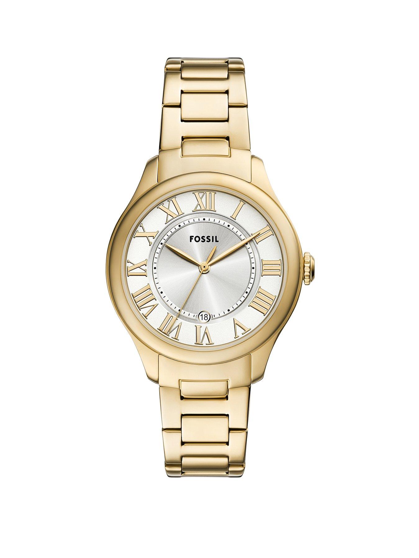  image of fossil-womens-gilmore-3-hand-date-gold-tone-stainless-steel-watch-es5395