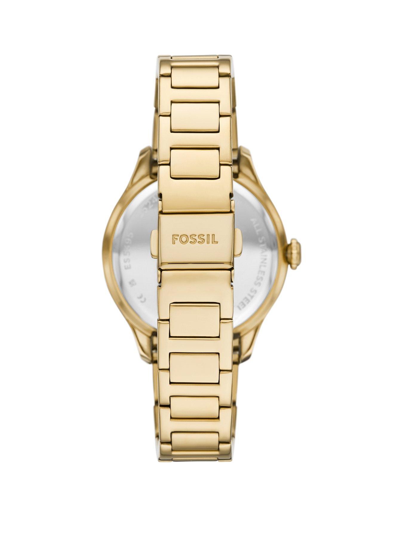  image of fossil-womens-gilmore-3-hand-date-gold-tone-stainless-steel-watch-es5395