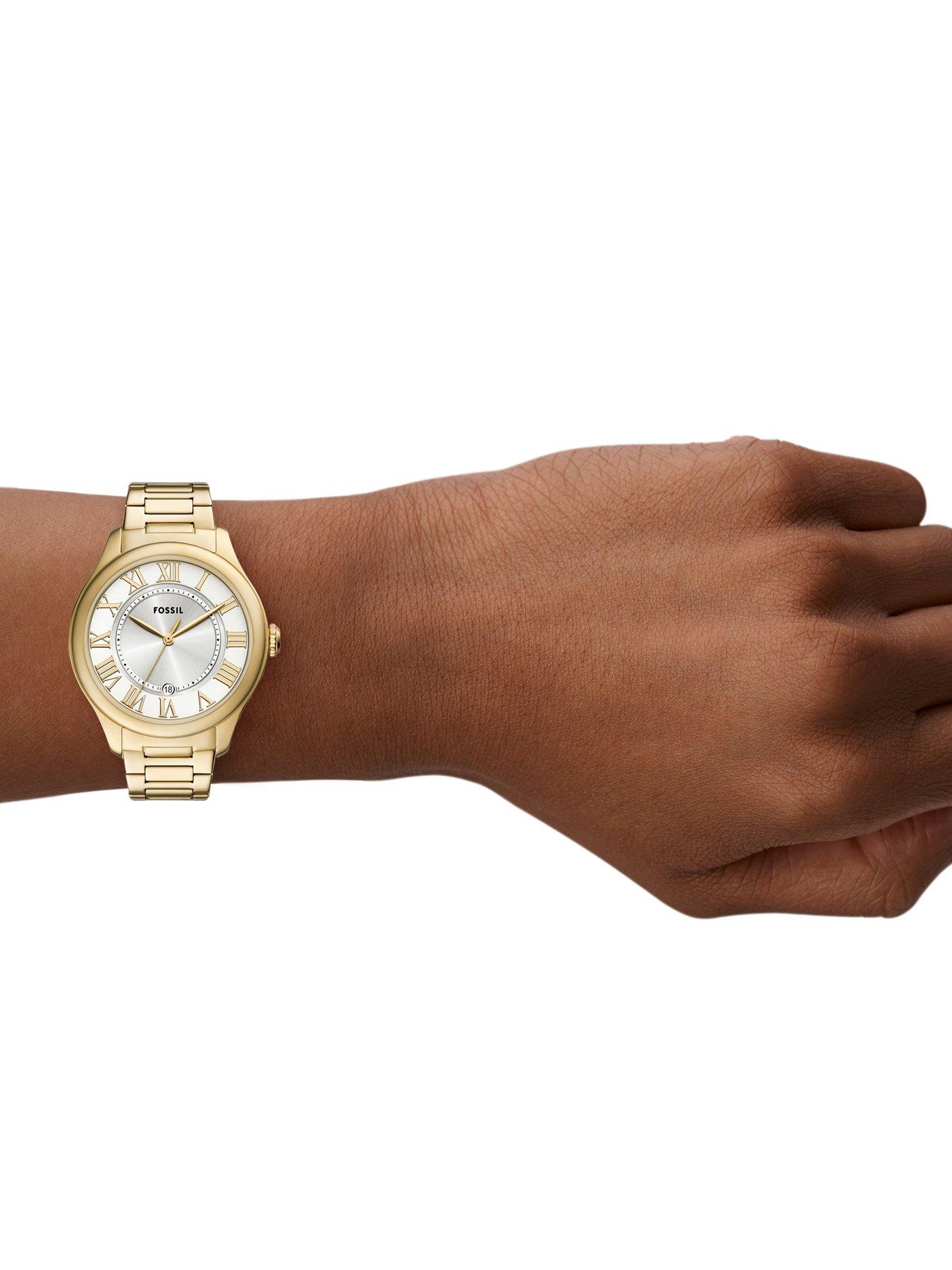  image of fossil-womens-gilmore-3-hand-date-gold-tone-stainless-steel-watch-es5395