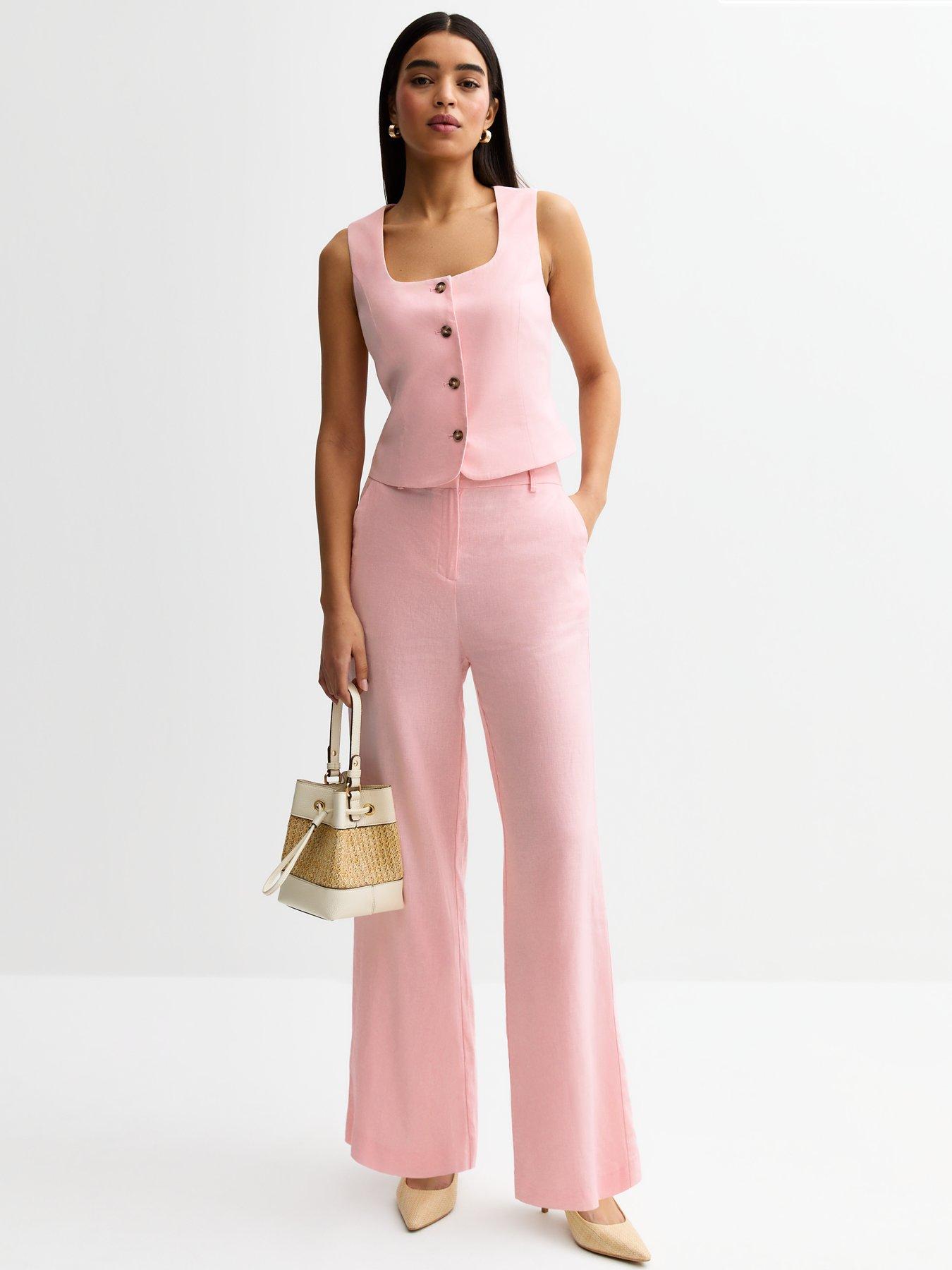 undefined Pink Linen Blend Wide Leg Trousers