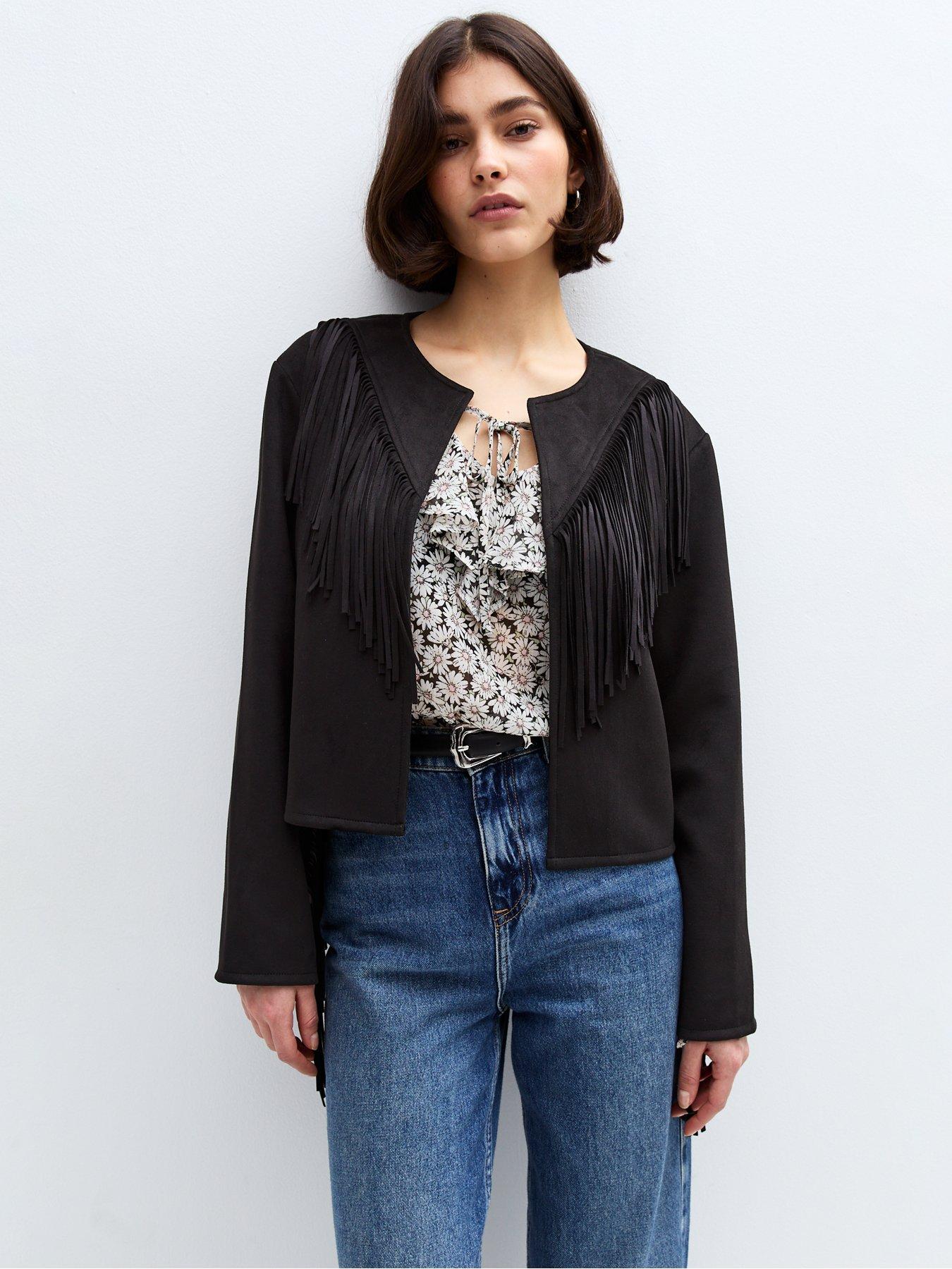 undefined Suede Fringe Collarless Jacket - Black