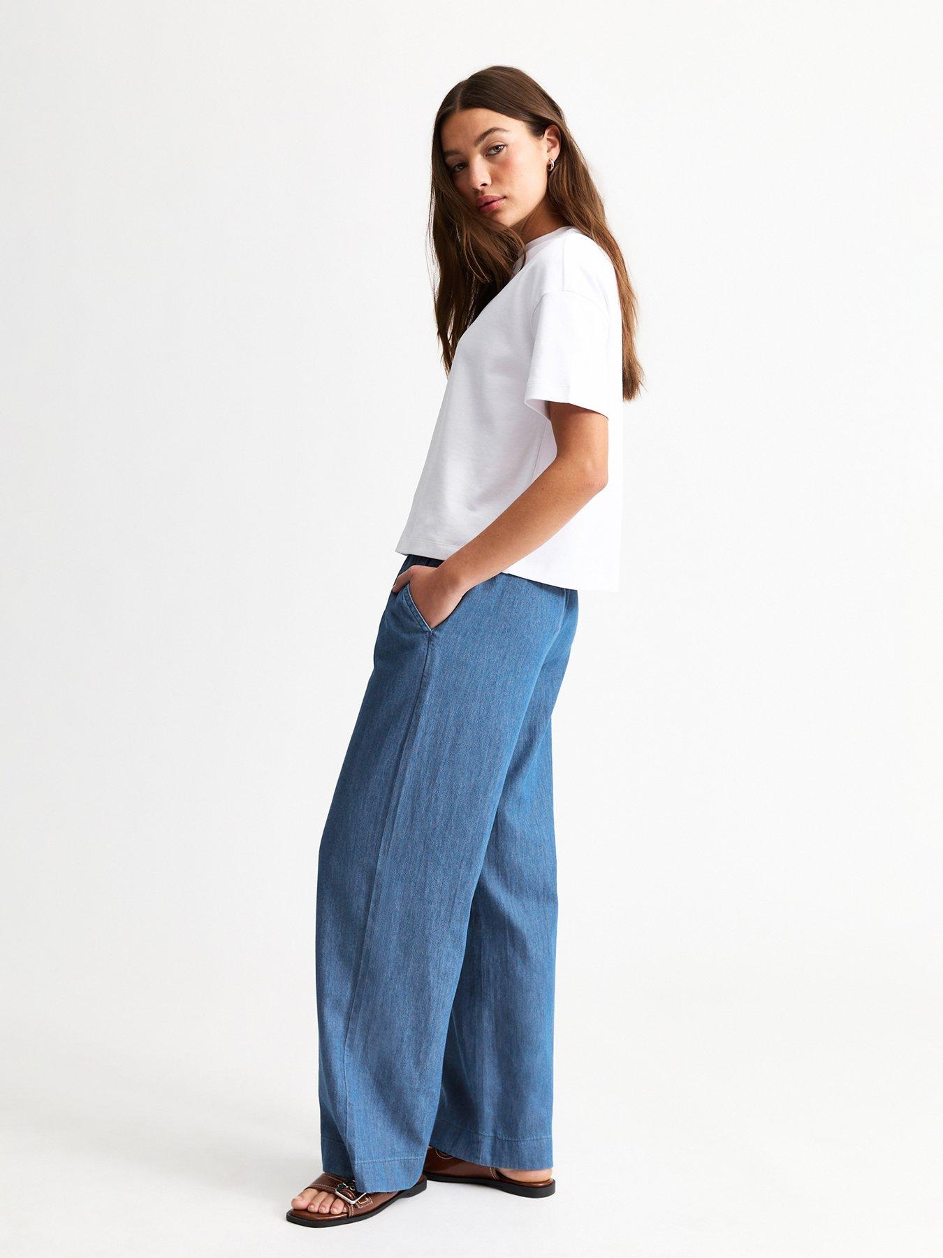 image of new-look-drawstring-waist-denim-trousers-blue