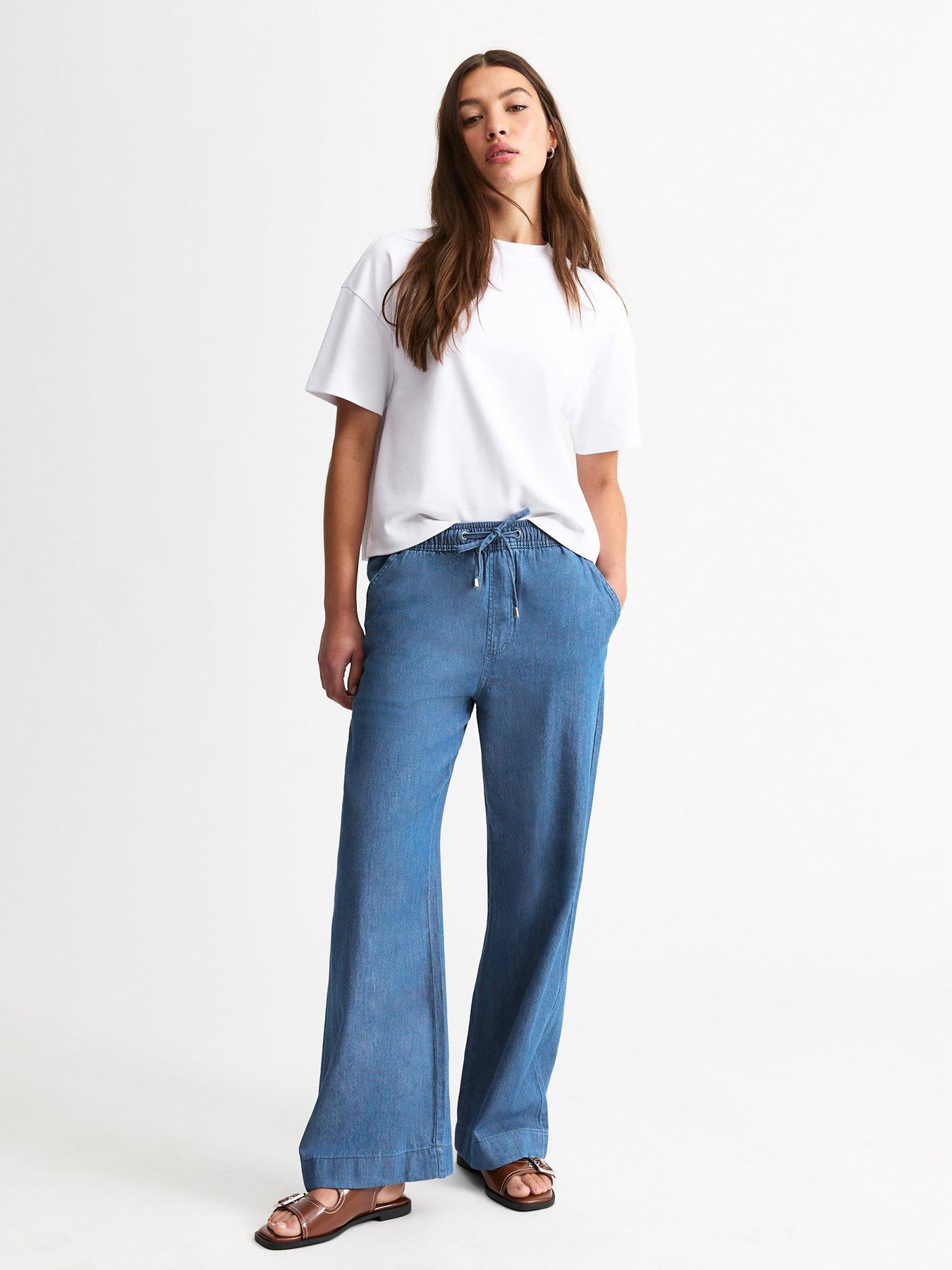  image of new-look-drawstring-waist-denim-trousers-blue