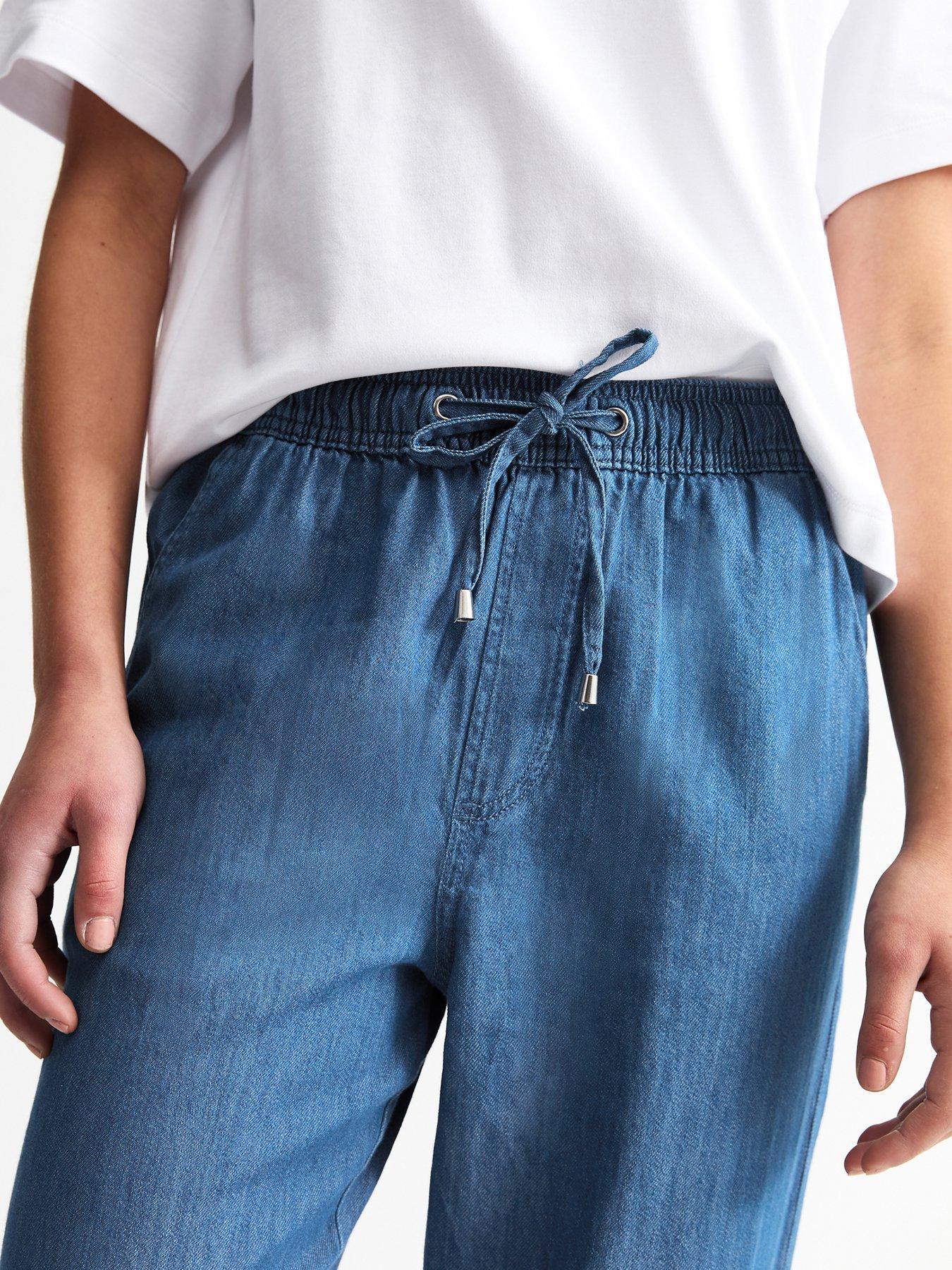  image of new-look-drawstring-waist-denim-trousers-blue