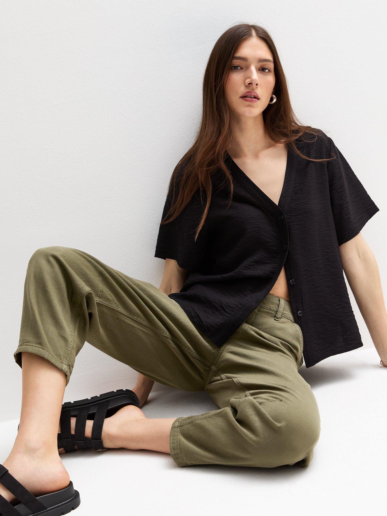 undefined Khaki Twill Barrel Leg Cargo Trousers