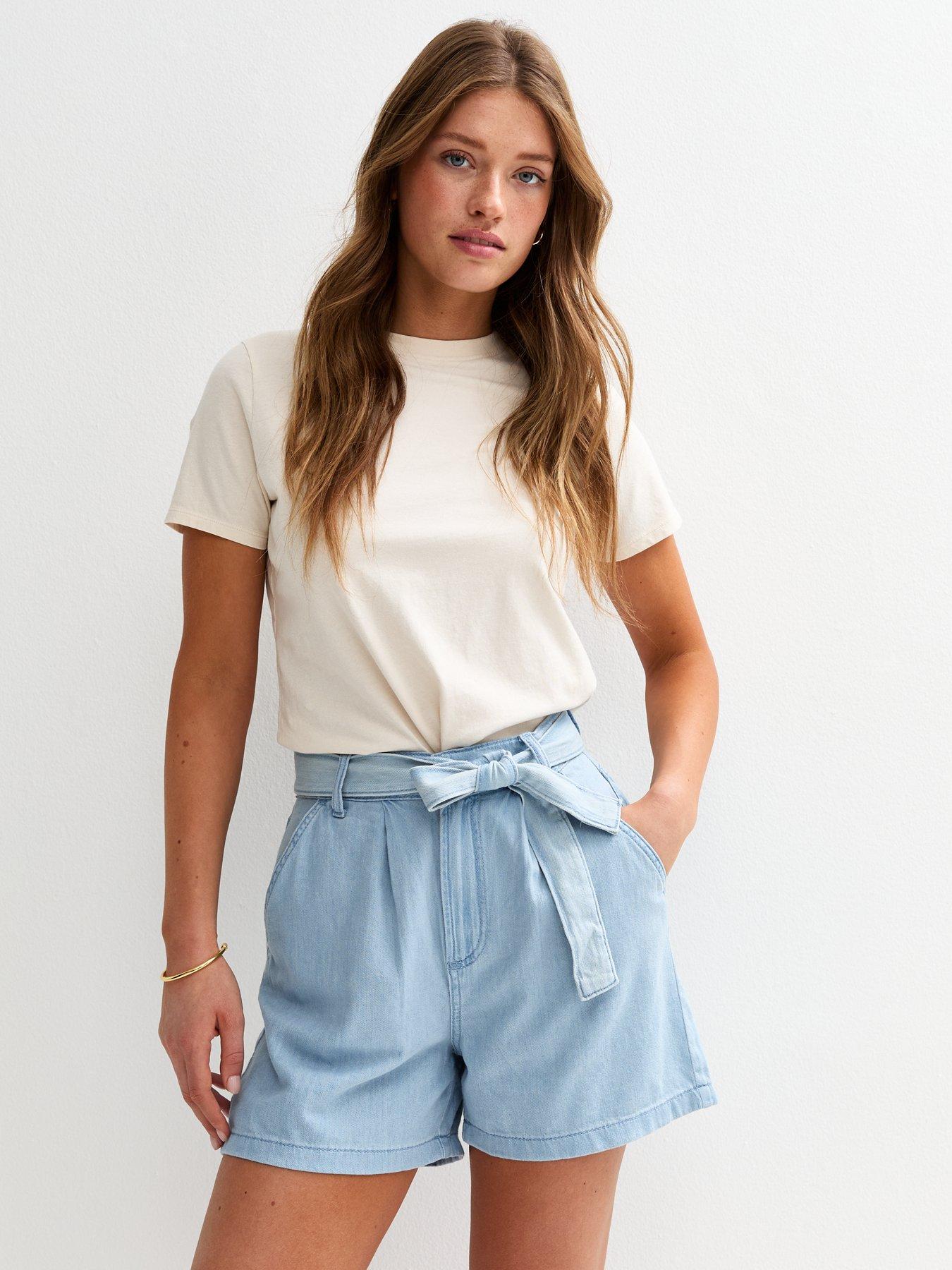 undefined Pleat Belted Denim Shorts - Light Blue