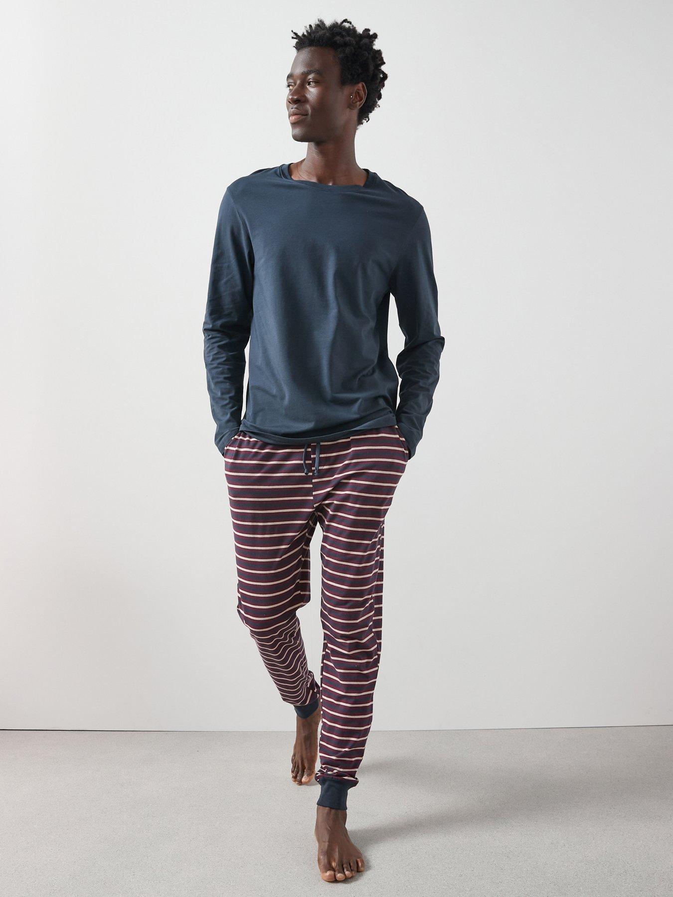 Image 1 of 6 of Very Man Striped Cuffed Jogger Pyjama Set - Burgundy