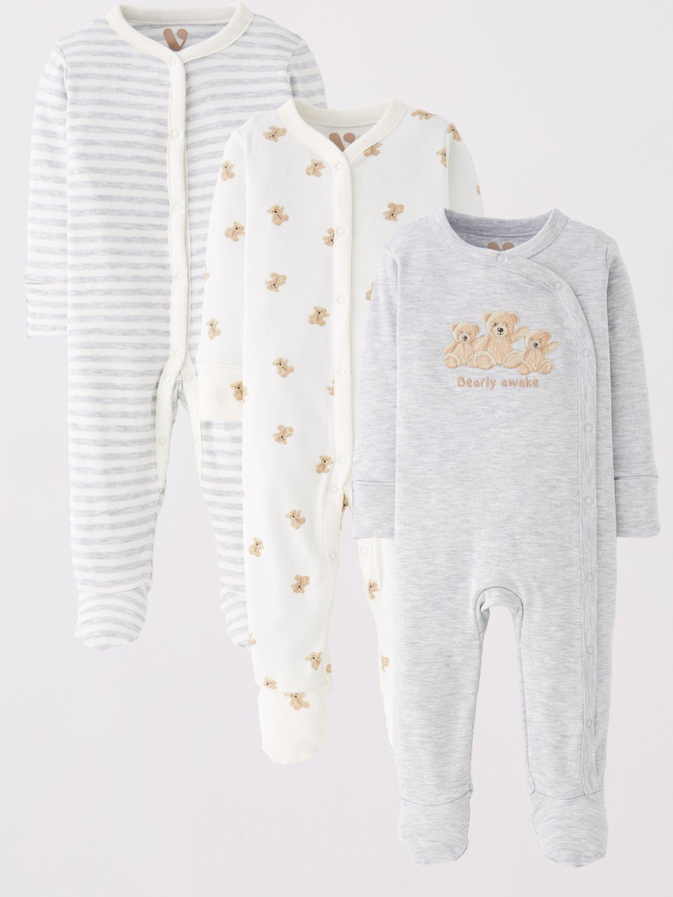 undefined Baby Boys 3 Pack Teddy Bear Sleepsuits - Beige