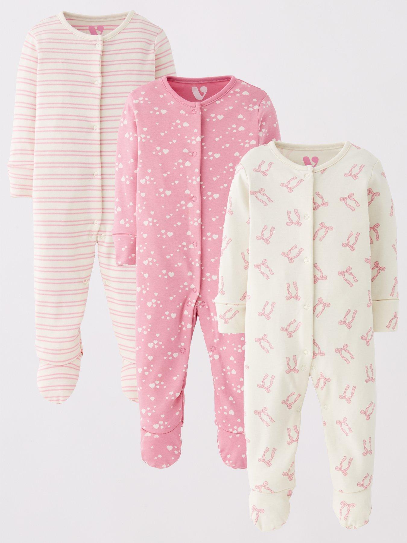 undefined Baby Girl Bow 3 Pack Sleepsuits - Pink
