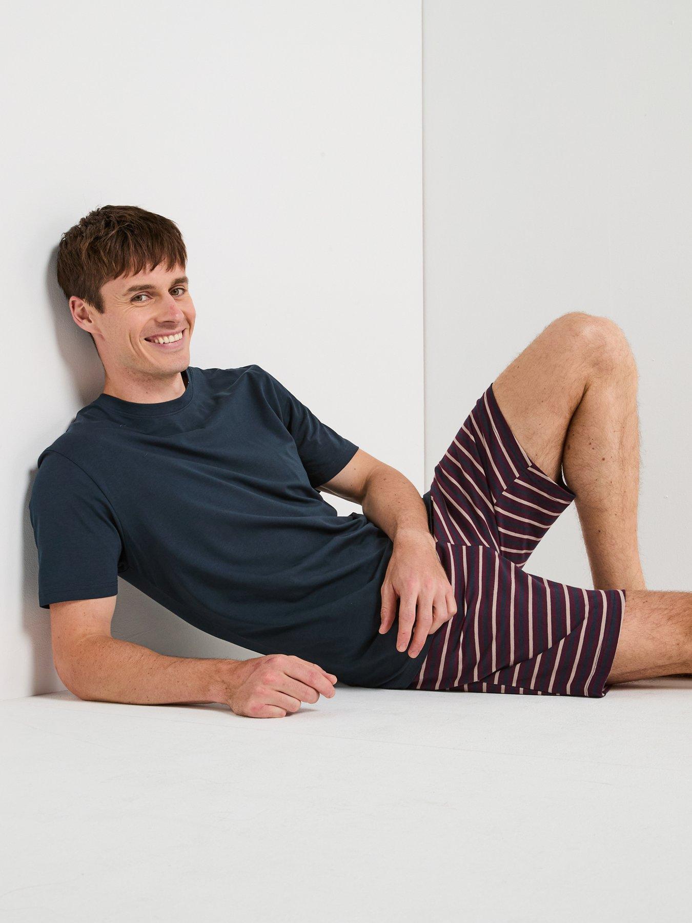 Image 1 of 6 of Very Man Striped T-Shirt and Short PJ Set - Burgundy/Navy