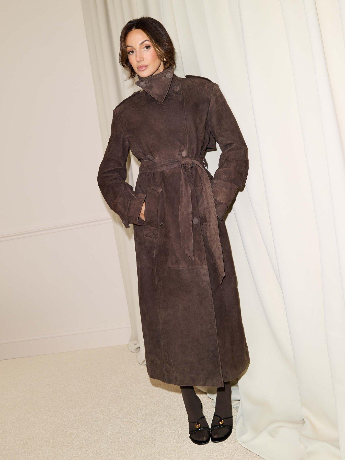 Image 3 of 5 of Michelle Keegan Real Suede Trench Coat - Brown&nbsp;