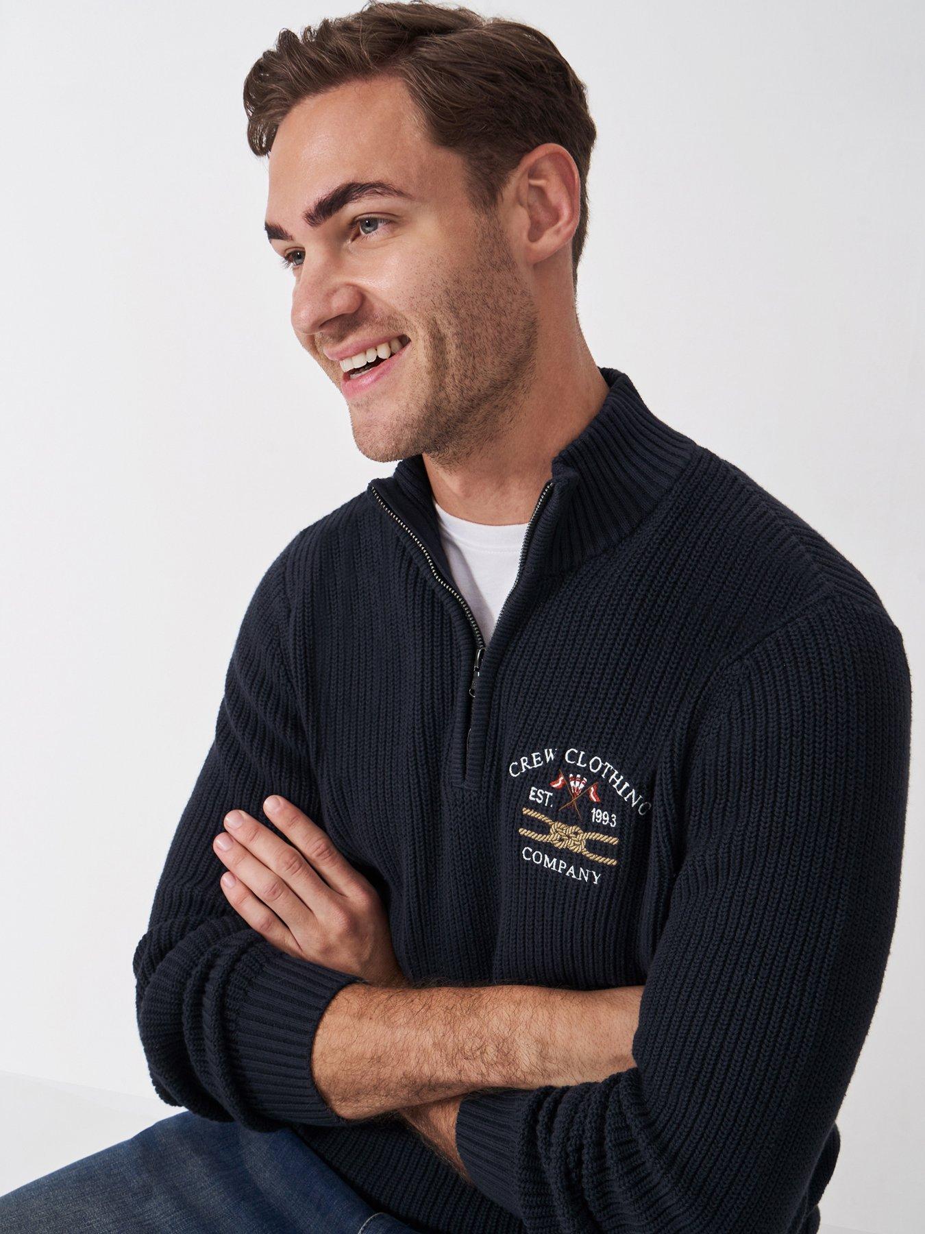  image of crew-clothing-crest-fleece-embroidered-14-zip-knitted-jumper-navy