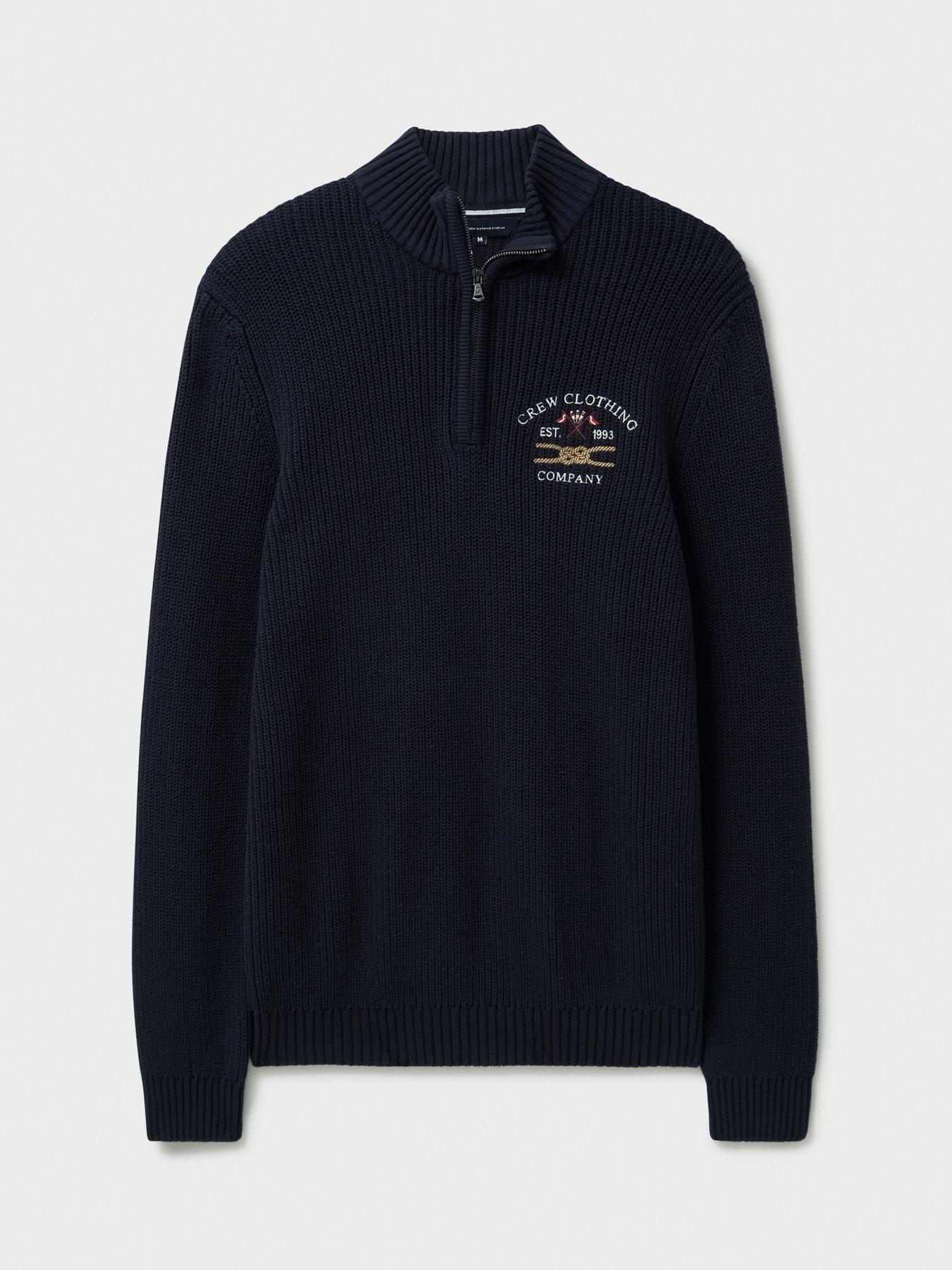  image of crew-clothing-crest-fleece-embroidered-14-zip-knitted-jumper-navy
