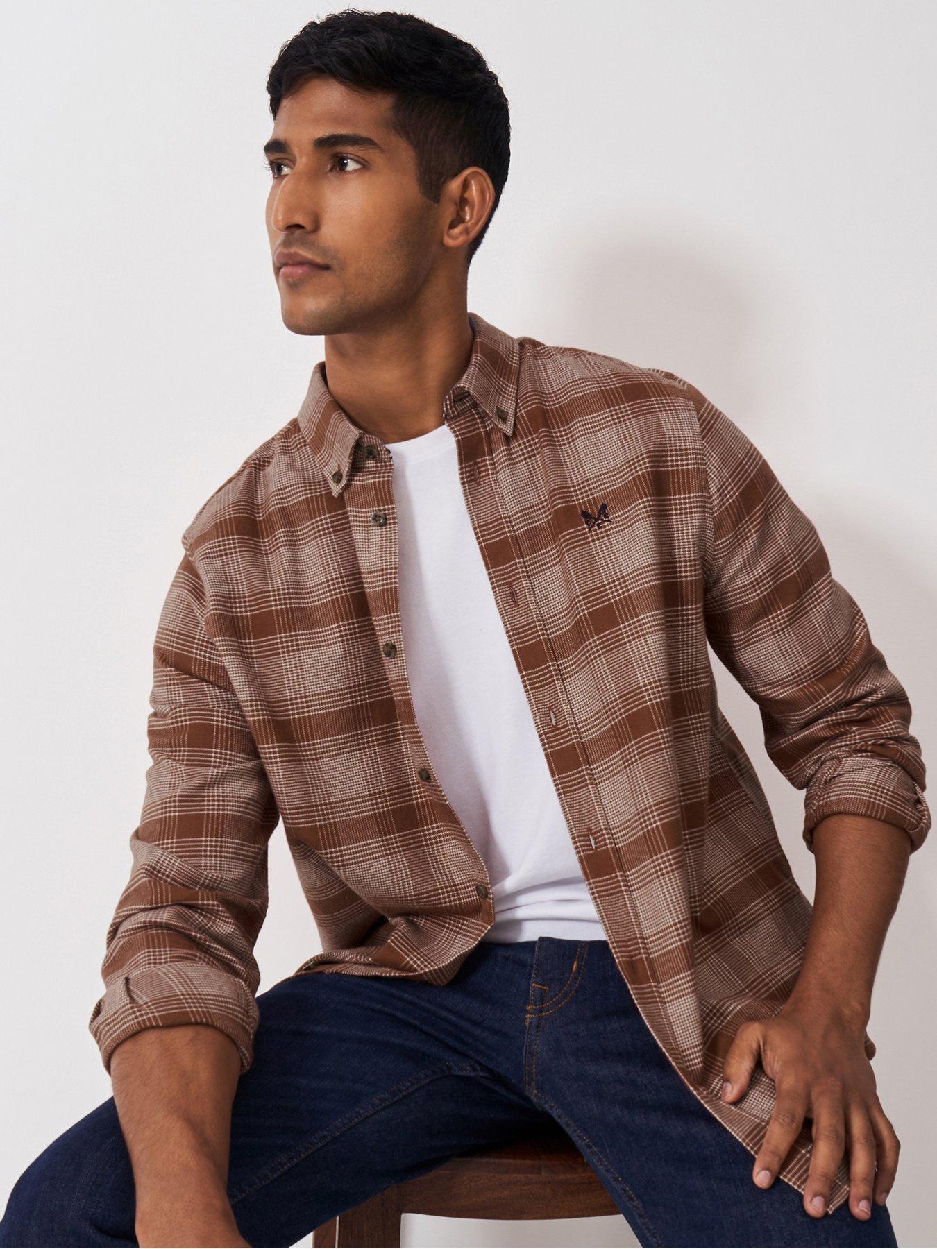  image of crew-clothing-martin-cross-check-long-sleeve-flannel-shirt-brown