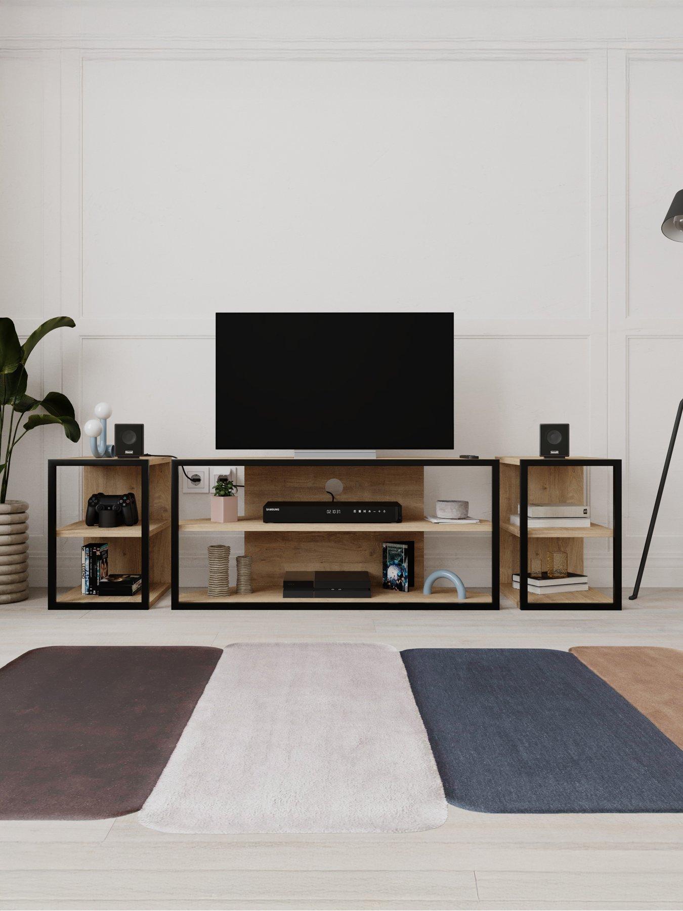 Image 1 of 7 of Decortie Echo Tv Stand & Side Tables Set - Sapphire Oak