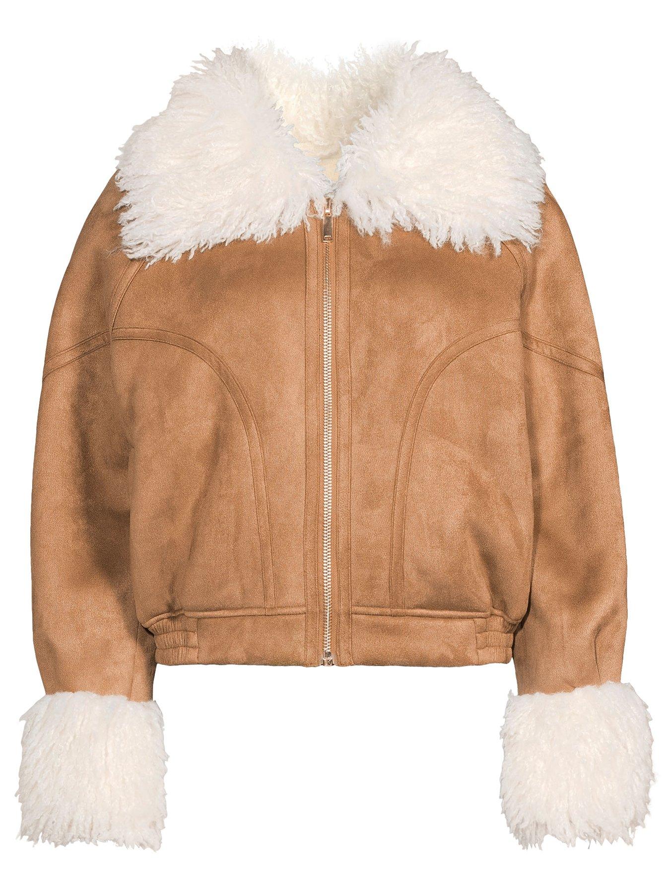 Image 5 of 5 of Michelle Keegan Faux Mongolian Trim Cuff Coat - Beige&nbsp;