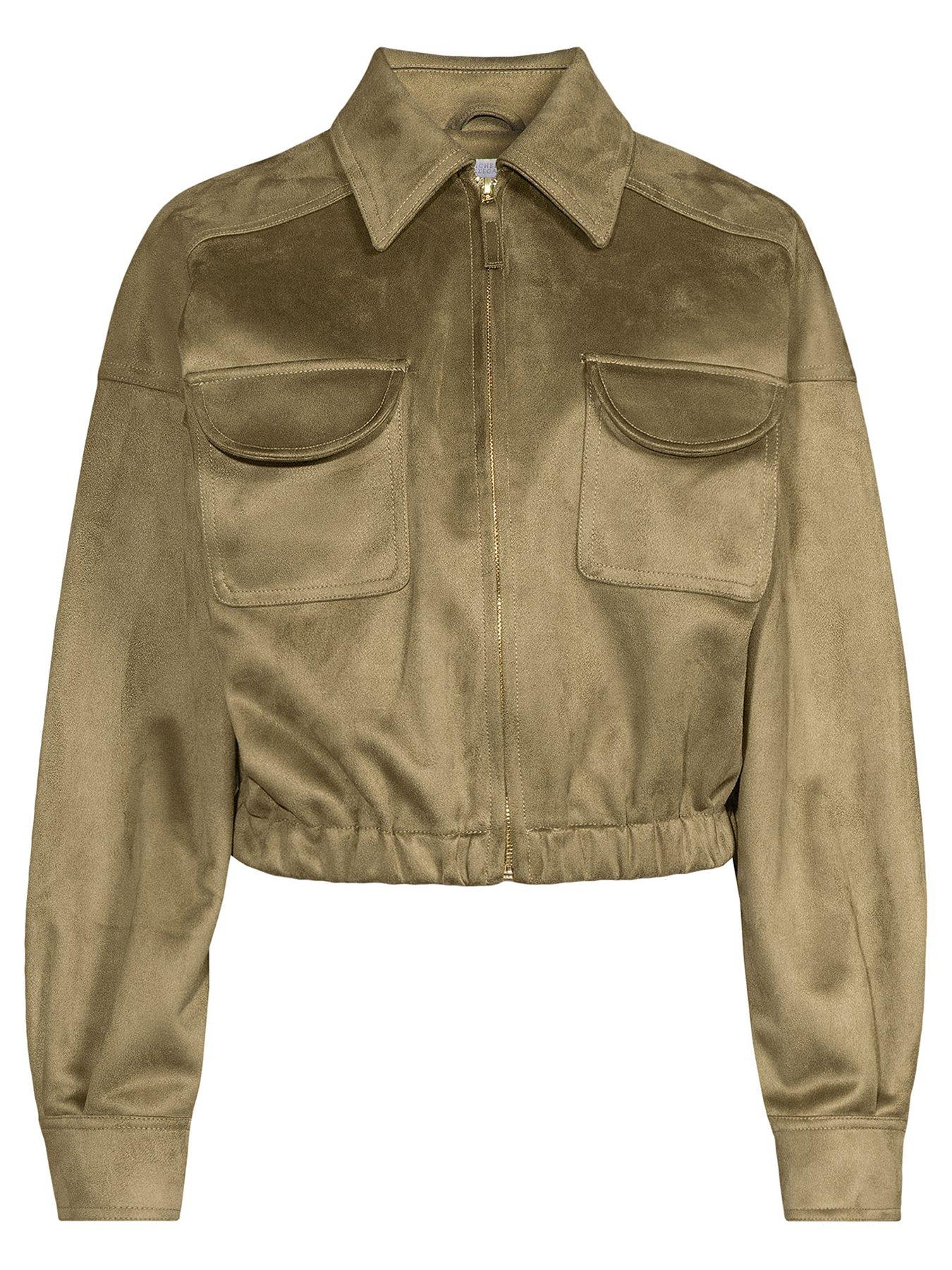 Image 4 of 4 of Michelle Keegan Faux Suede Bomber Jacket - Green&nbsp;