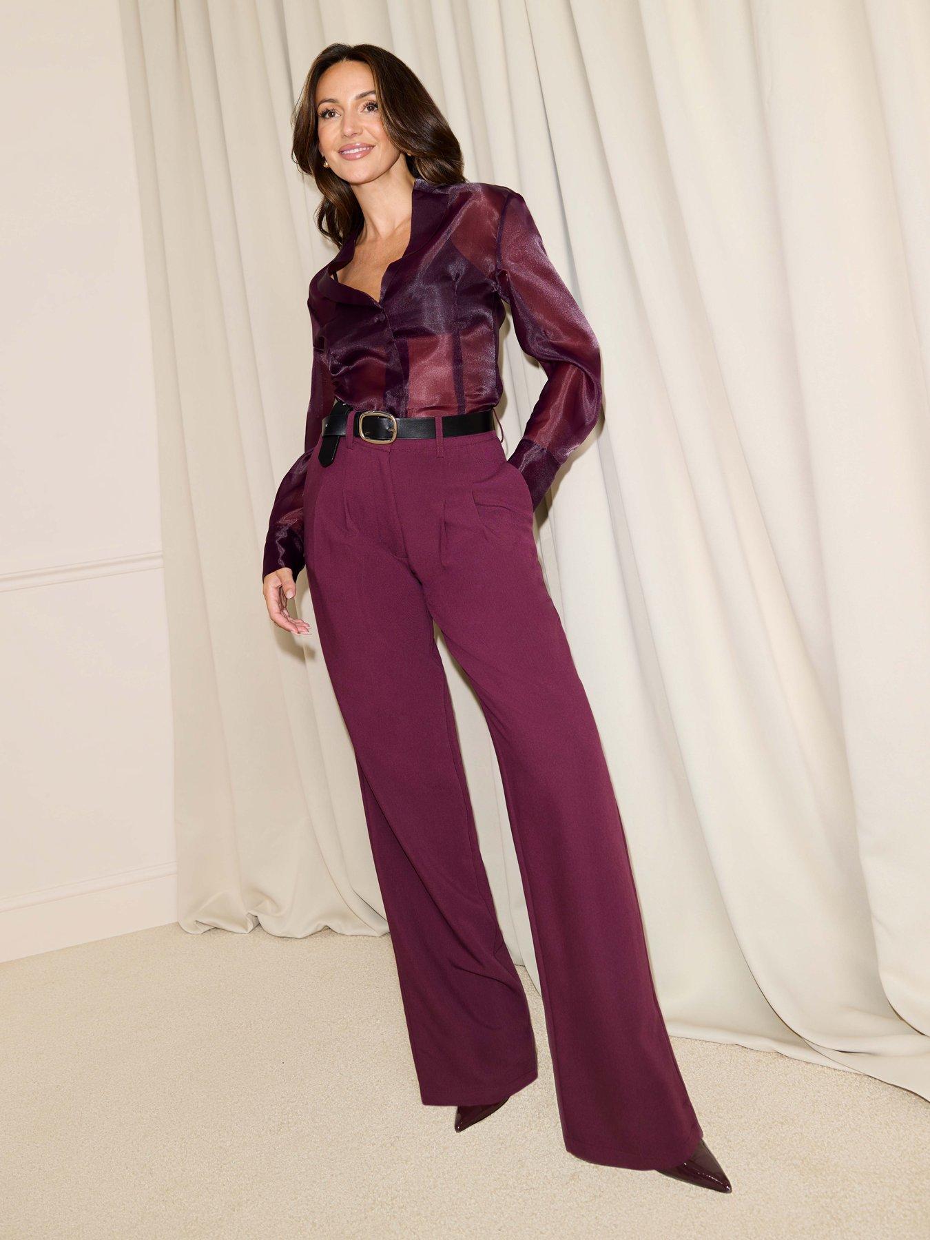 undefined Double Pleat Relaxed Straight Leg Trousers - Purple