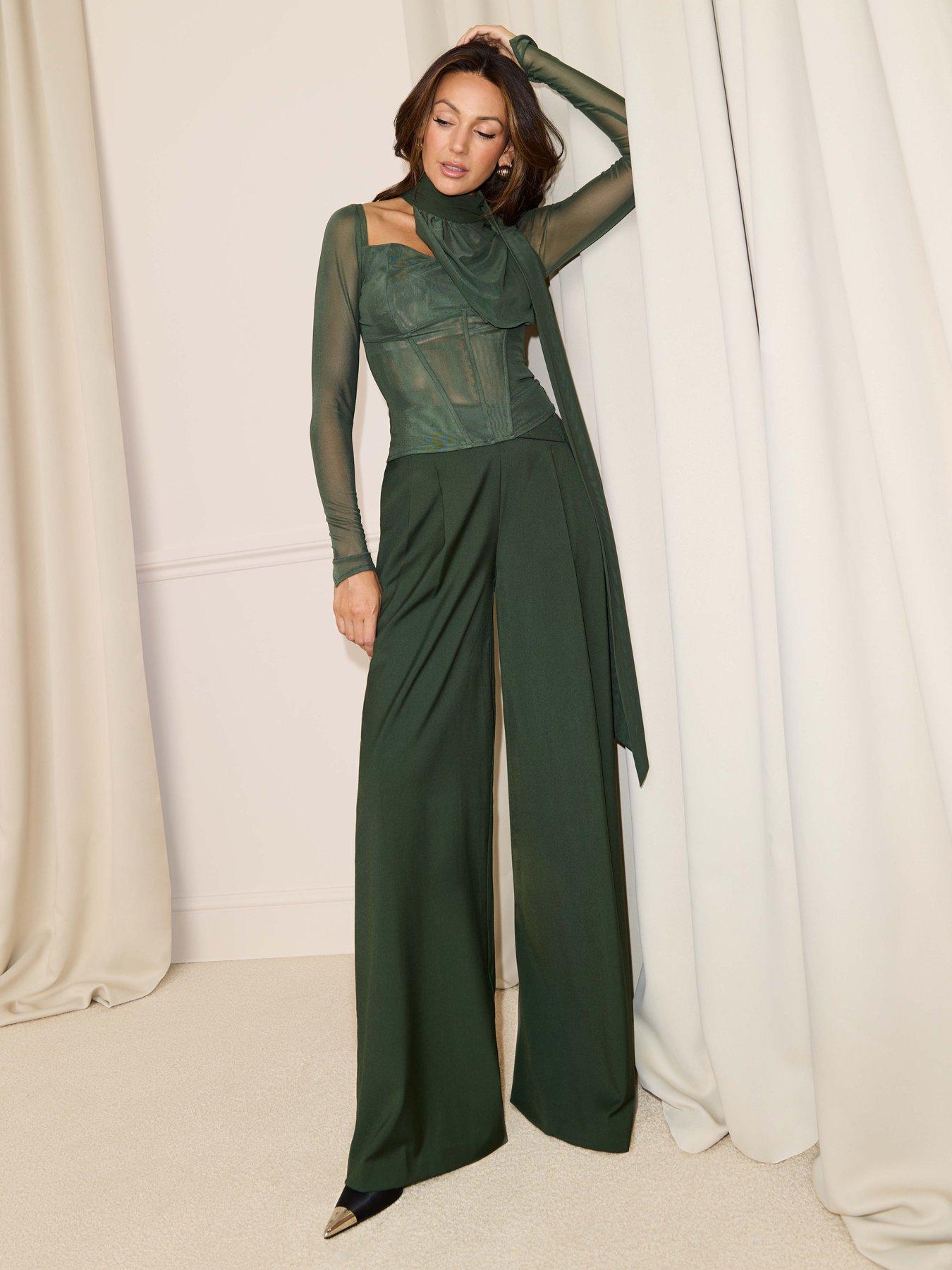 undefined Wide Leg Tailored Wrap Detail Trousers - Green