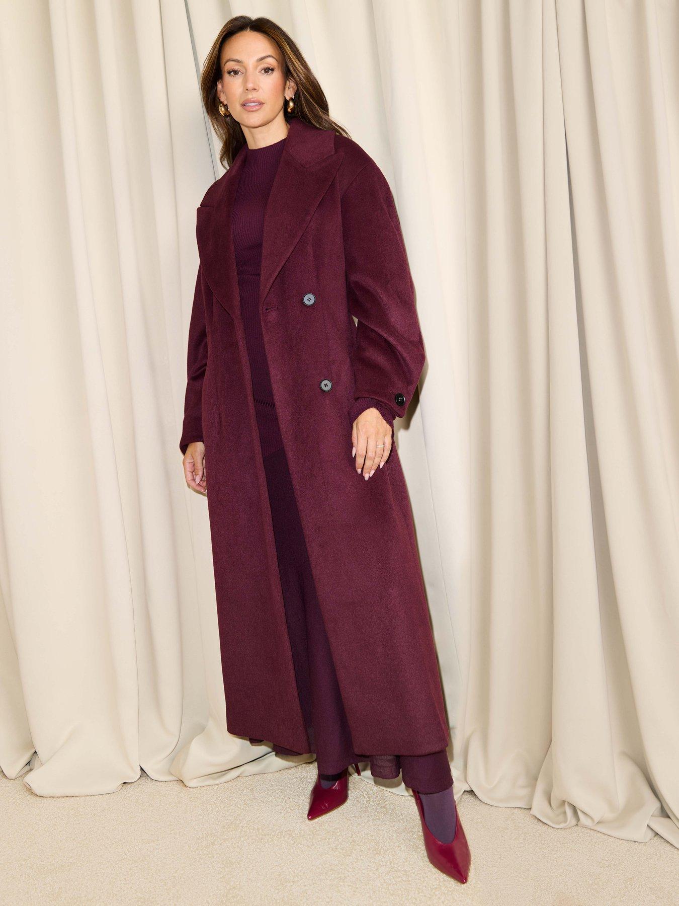 undefined Wool Blend Cocoon Formal Coat - Burgundy