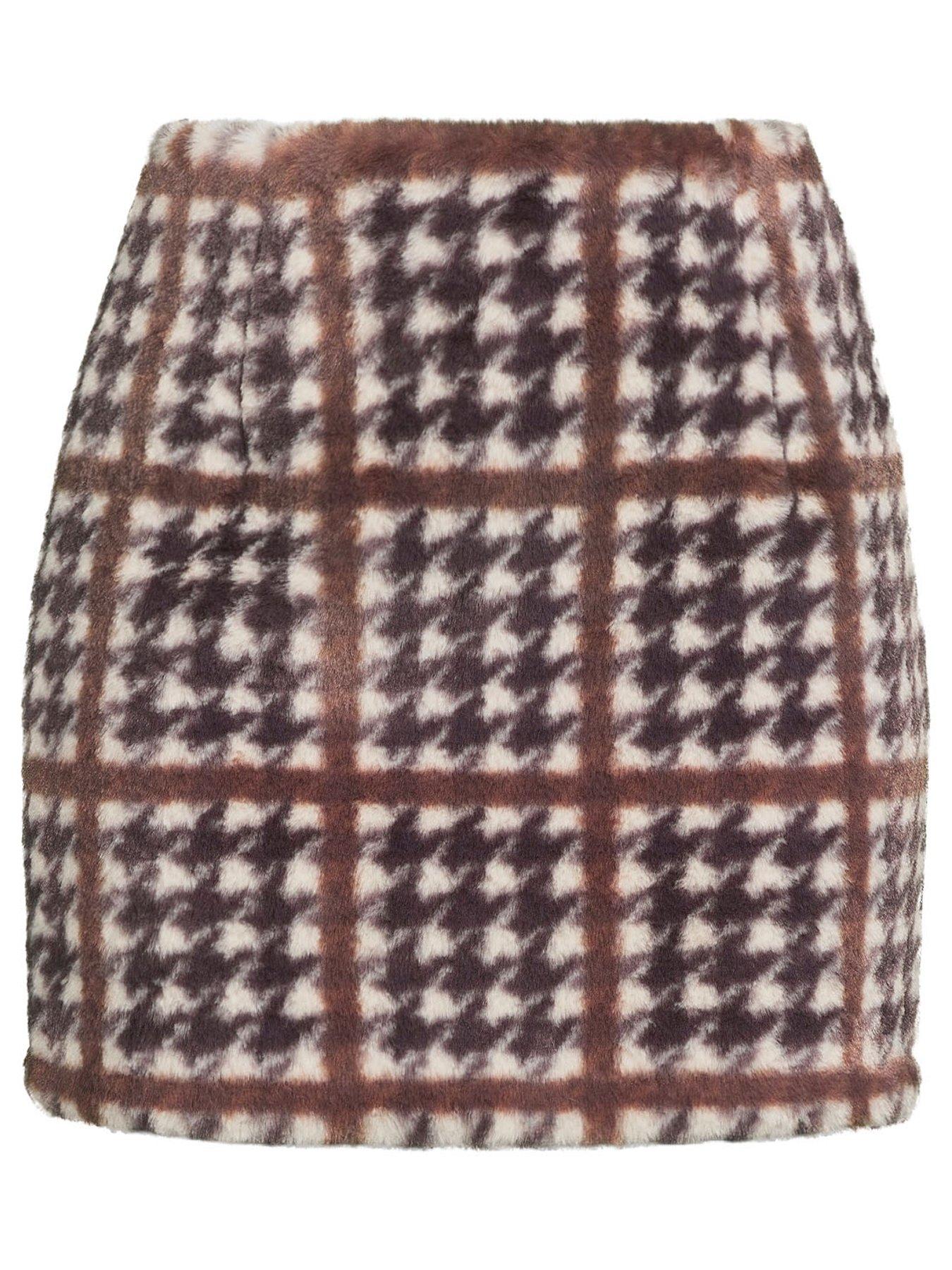  image of michelle-keegan-co-ord-faux-fur-checked-mini-skirt-multi
