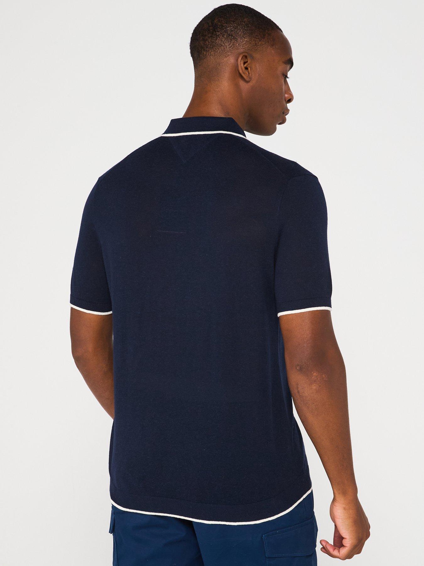  image of tommy-hilfiger-linen-knitted-short-sleeve-polo-shirt-navy