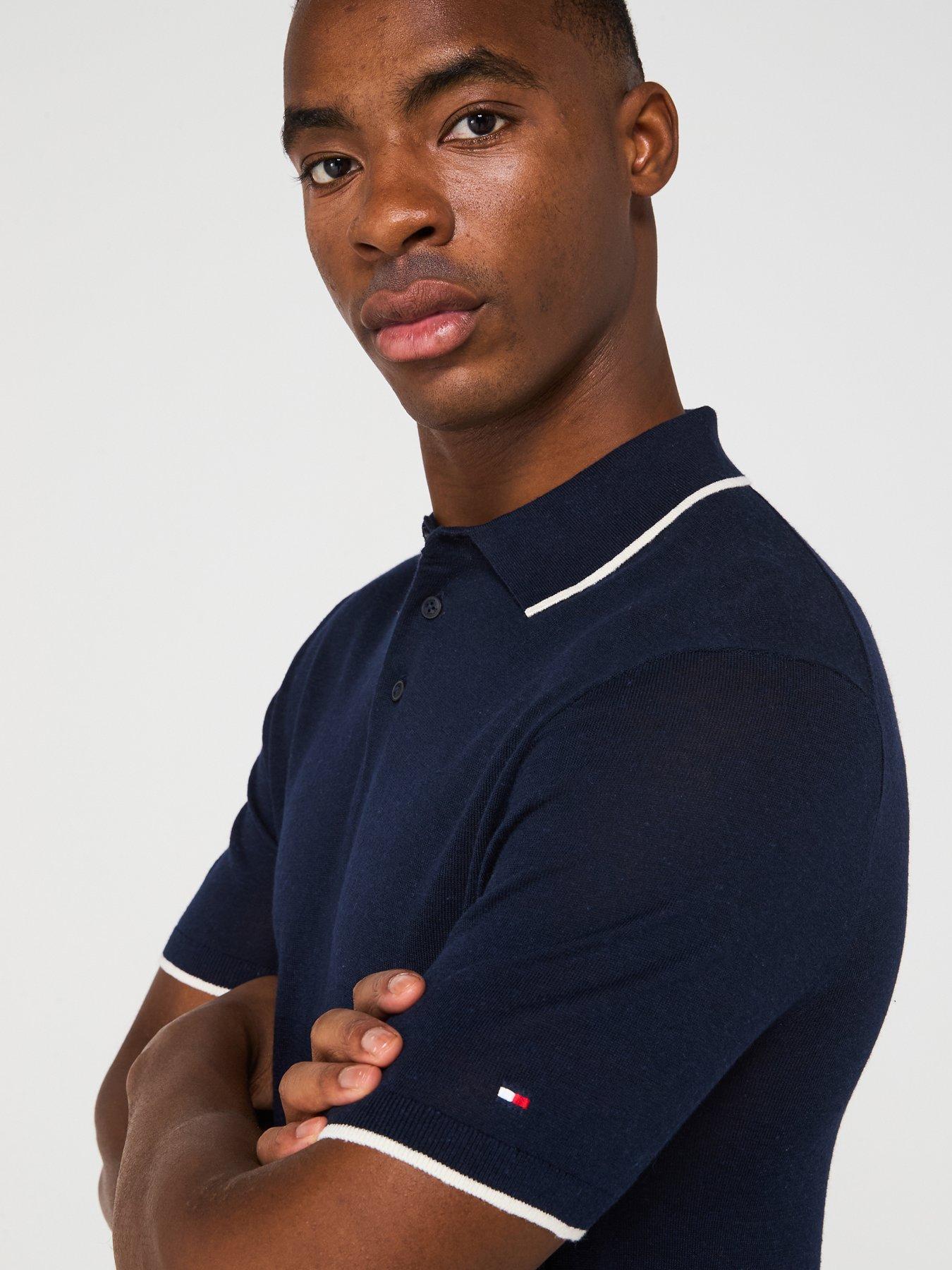  image of tommy-hilfiger-linen-knitted-short-sleeve-polo-shirt-navy