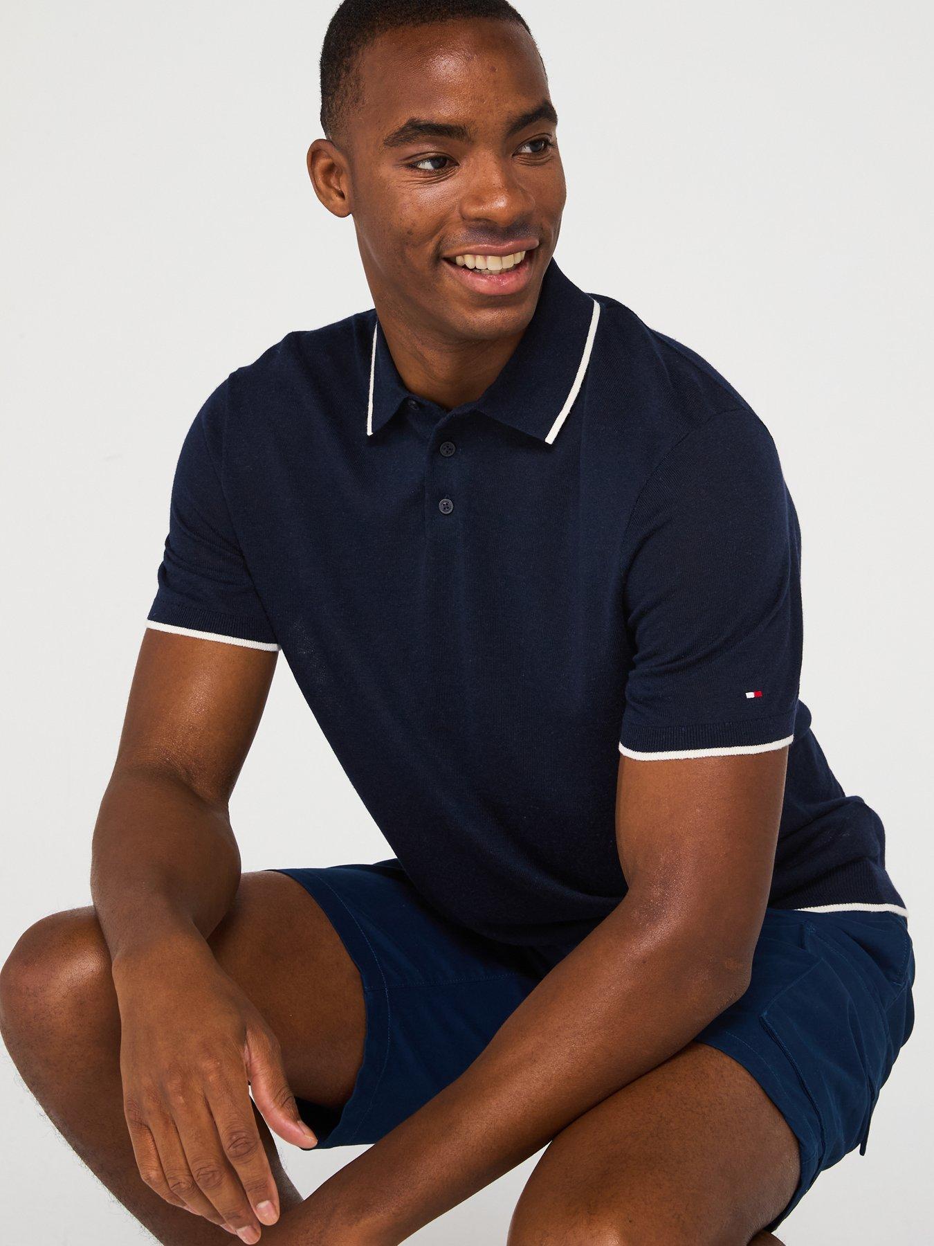  image of tommy-hilfiger-linen-knitted-short-sleeve-polo-shirt-navy