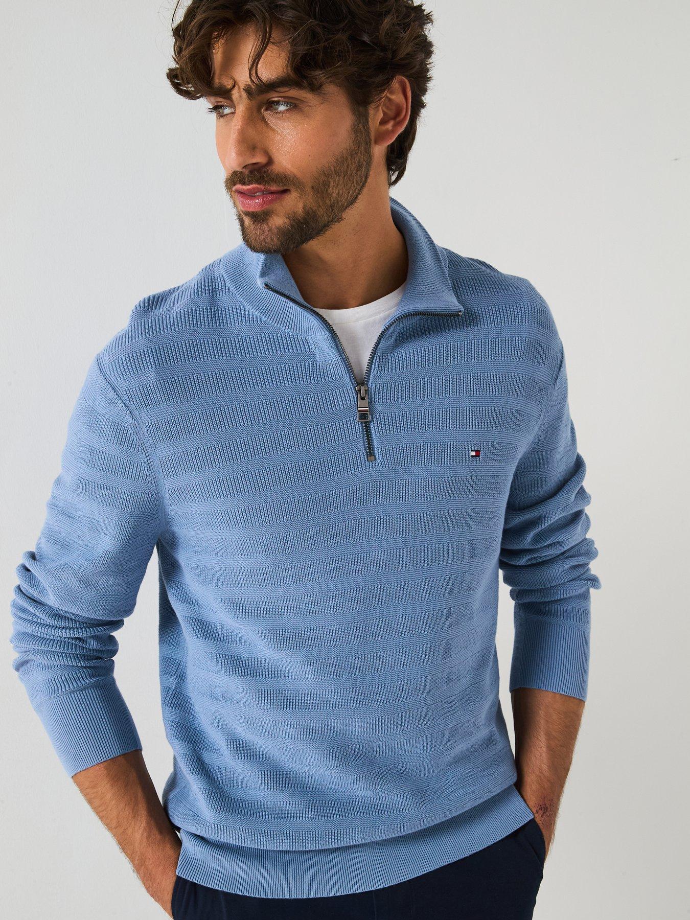 undefined Stripe Structure Zip Mock Knitted Jumper - Blue
