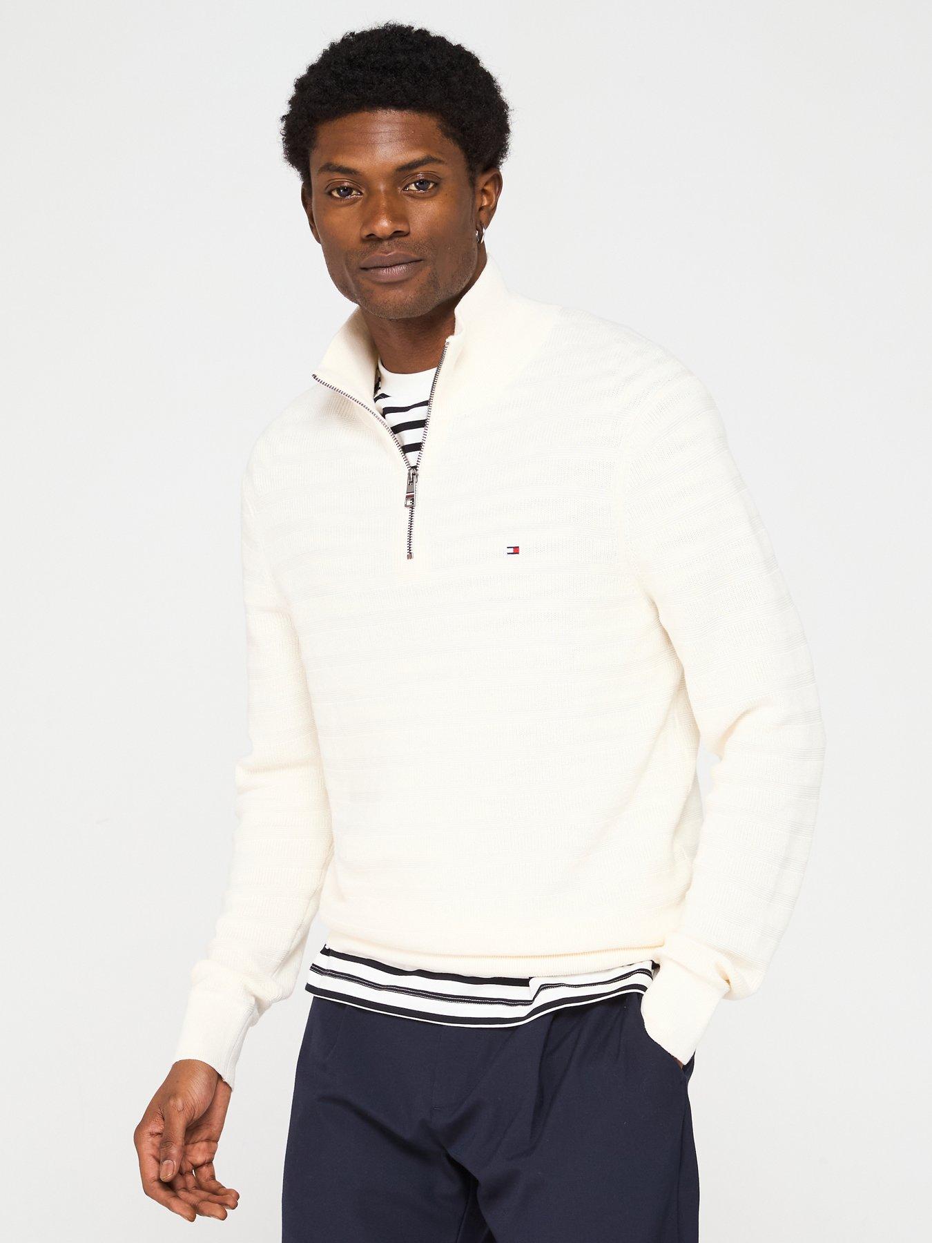 Image 1 of 6 of Tommy Hilfiger Stripe Structure Zip Mock Knitted Jumper - Off White