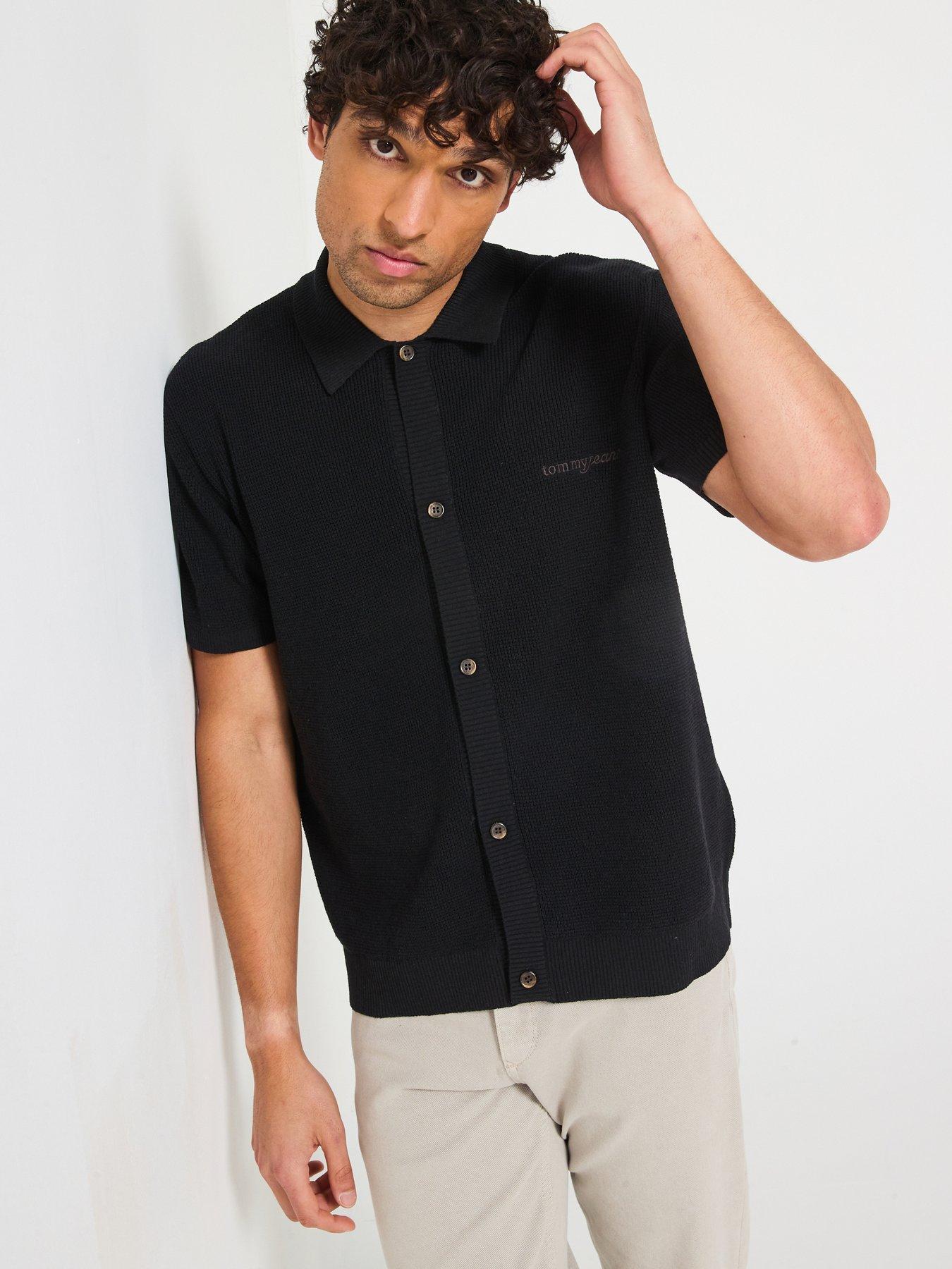 Image 1 of 6 of Tommy Jeans 90S Script Button Thru Short Knitted Sleeve Polo Shirt - Black