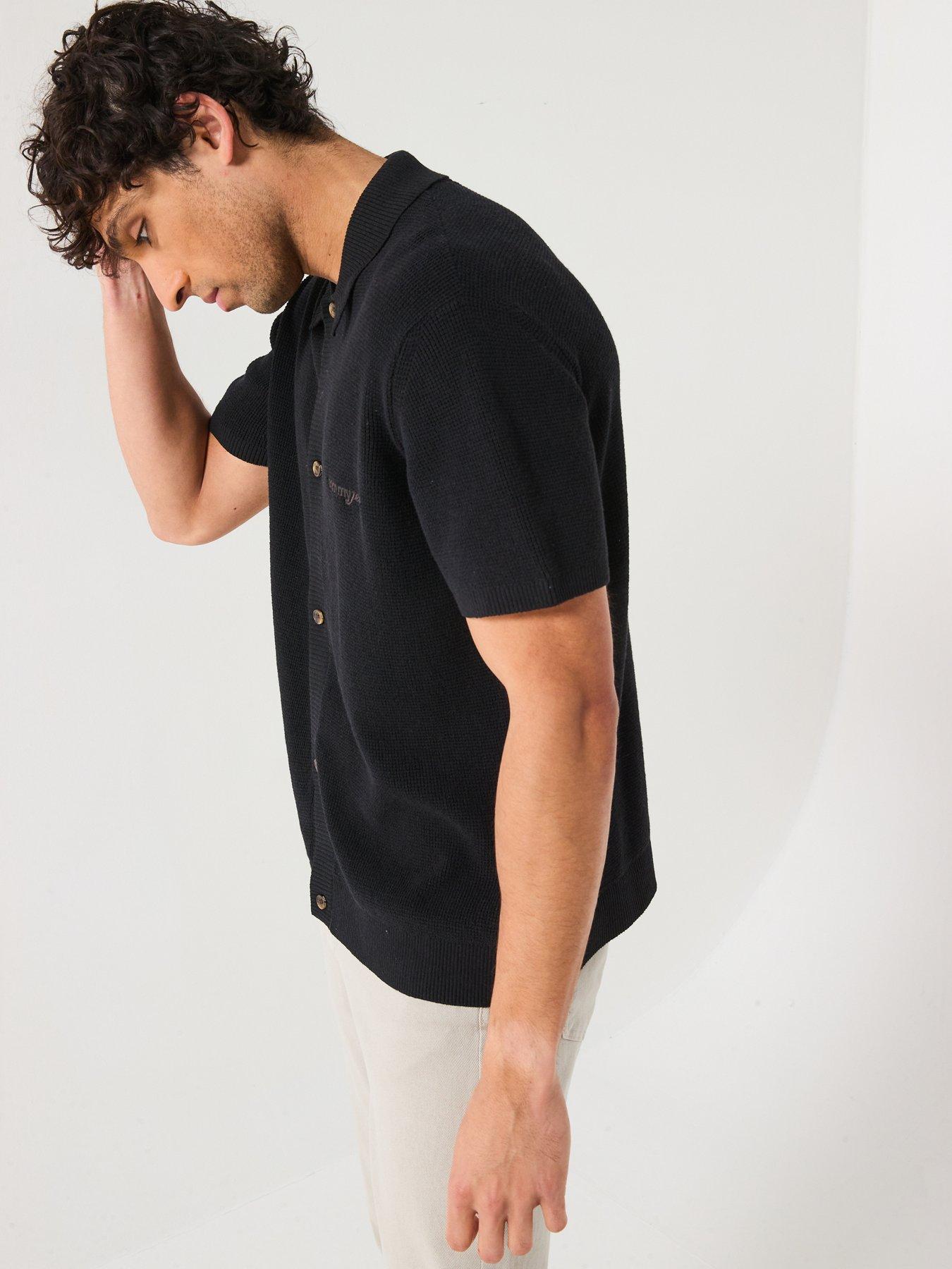 Image 5 of 6 of Tommy Jeans 90S Script Button Thru Short Knitted Sleeve Polo Shirt - Black